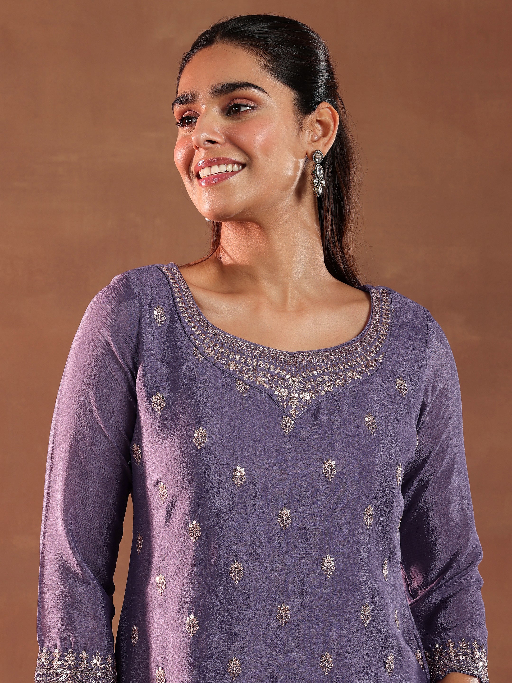 Purple Embroidered Silk Blend Straight Suit With Dupatta