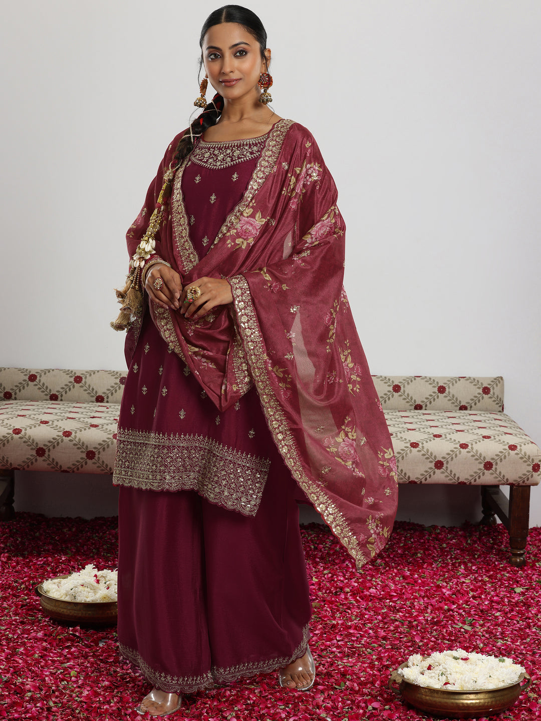 Maroon Embroidered Silk Blend Straight Suit With Dupatta