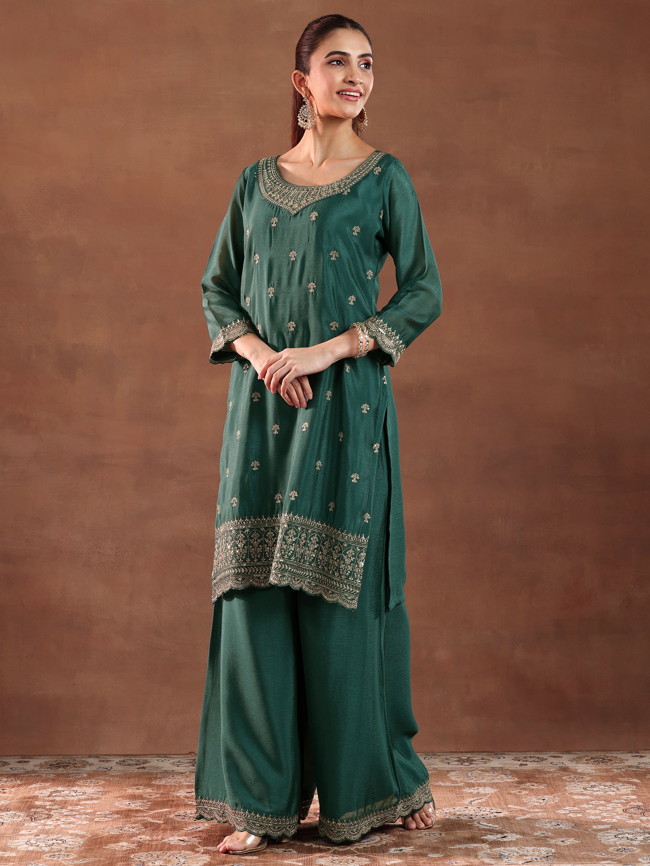 Teal Embroidered Silk Blend Straight Suit With Dupatta