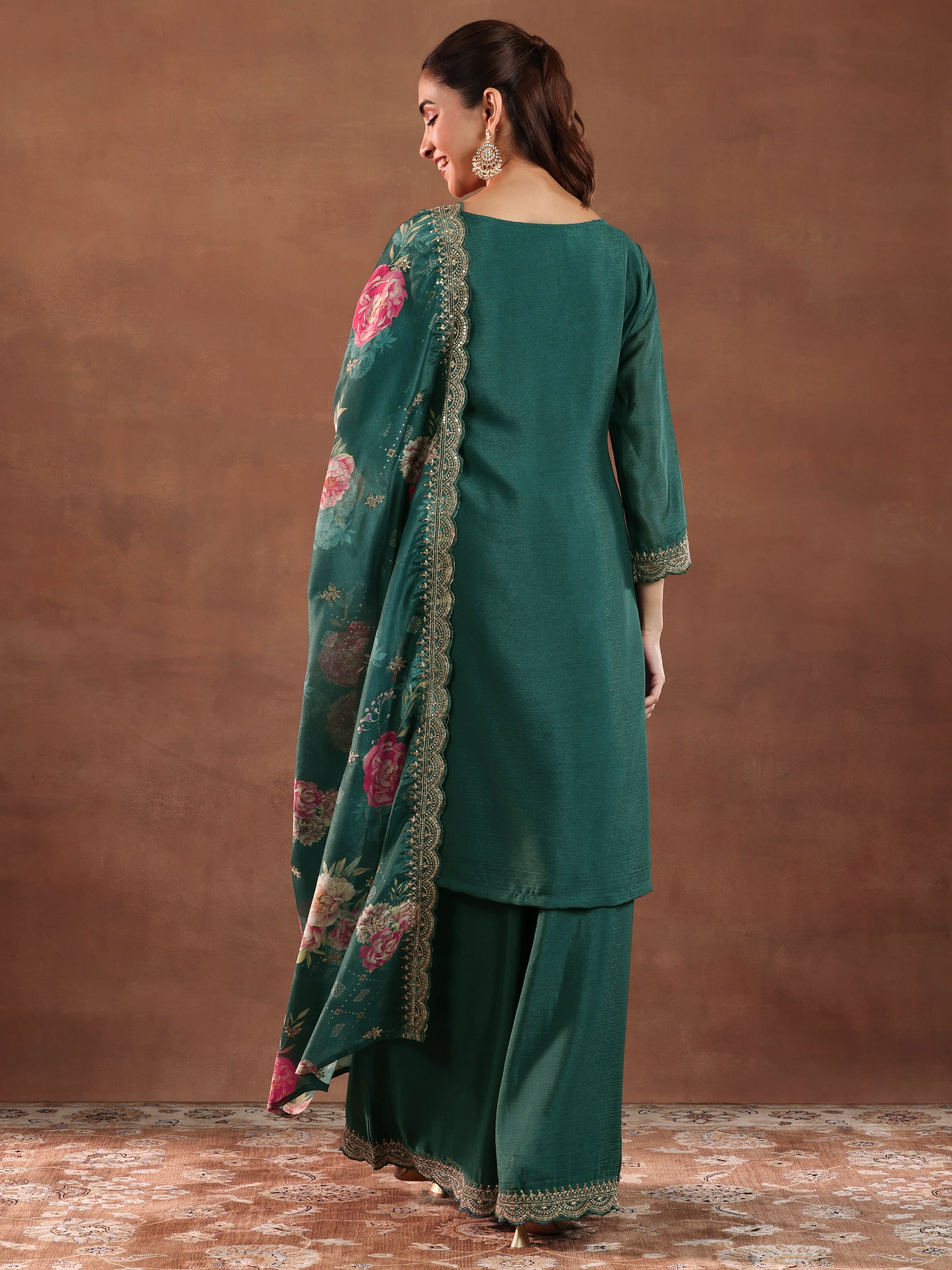 Teal Embroidered Silk Blend Straight Suit With Dupatta