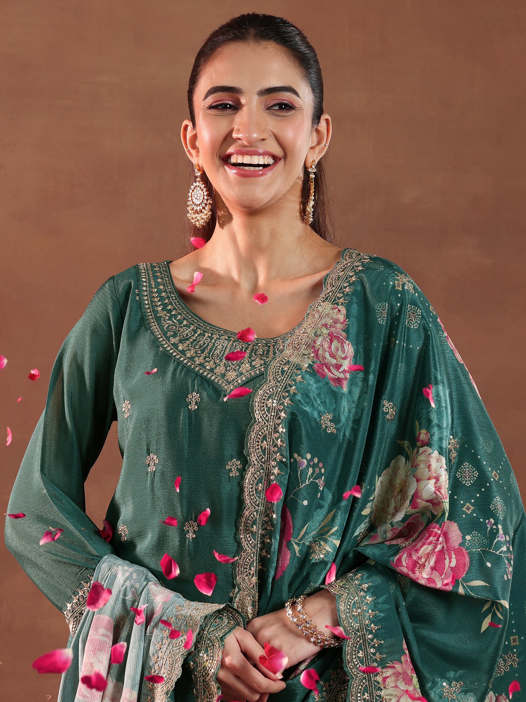 Teal Embroidered Silk Blend Straight Suit With Dupatta