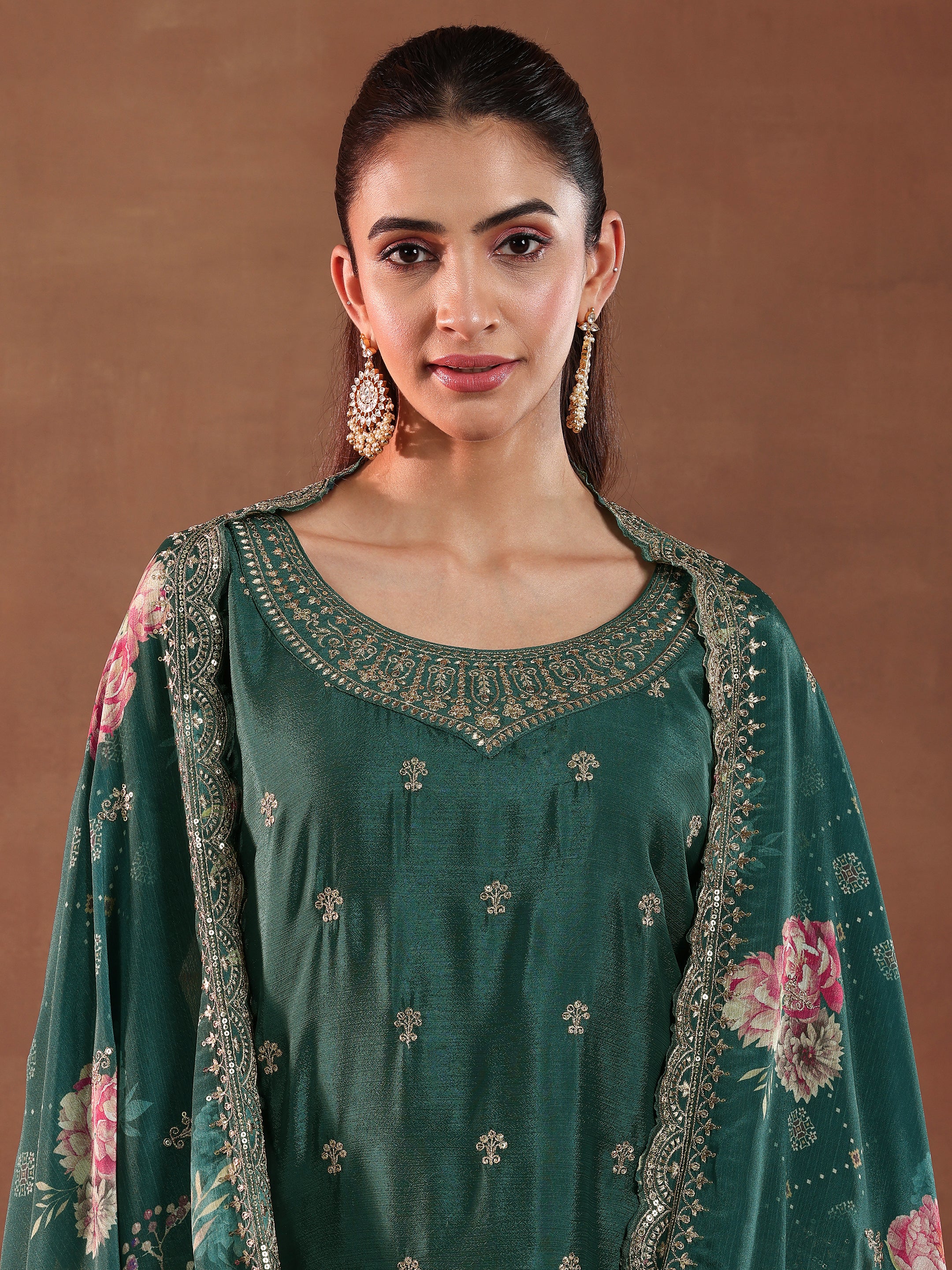 Teal Embroidered Silk Blend Straight Suit With Dupatta