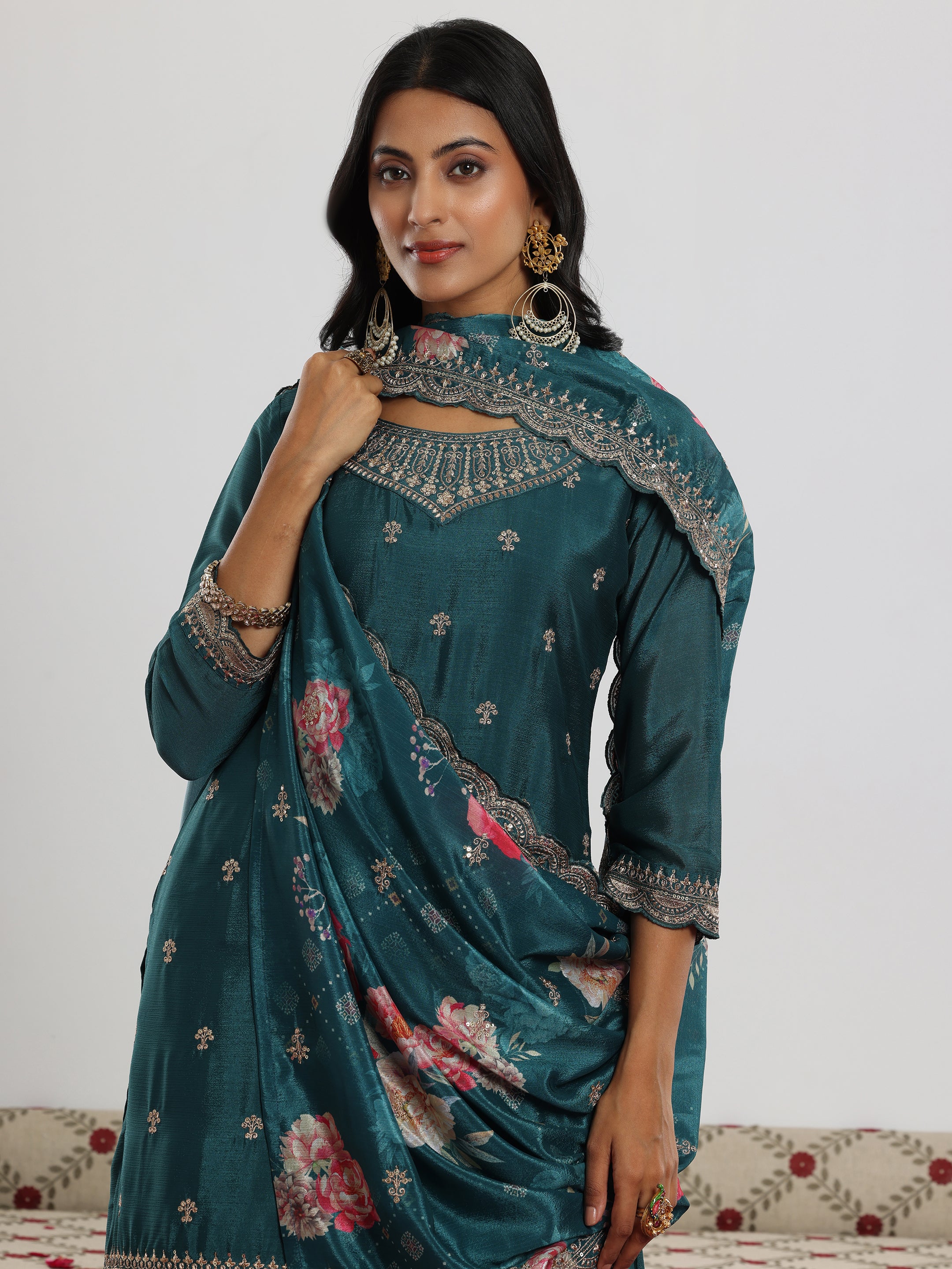 Teal Embroidered Silk Blend Straight Suit With Dupatta