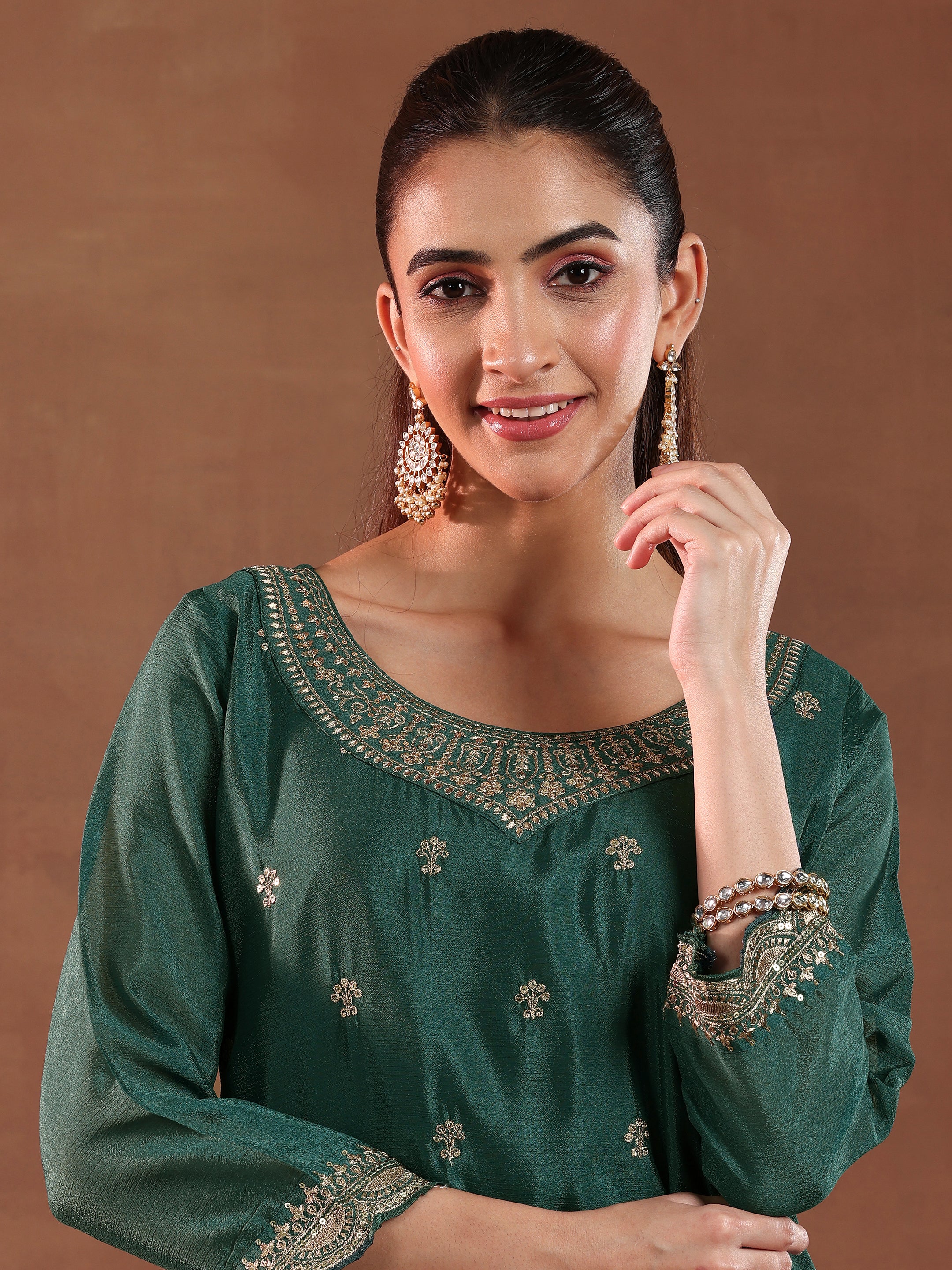 Teal Embroidered Silk Blend Straight Suit With Dupatta