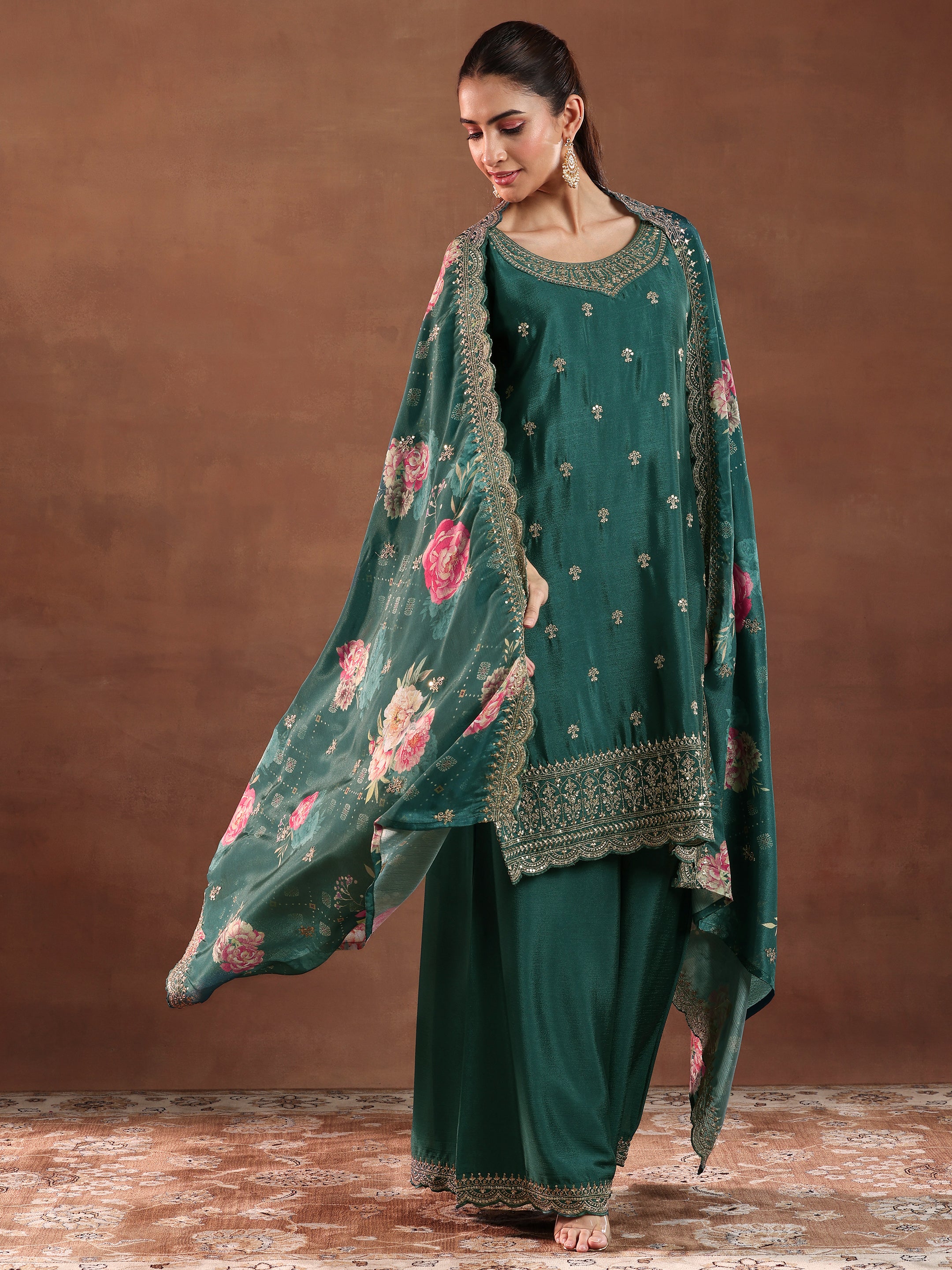 Teal Embroidered Silk Blend Straight Suit With Dupatta