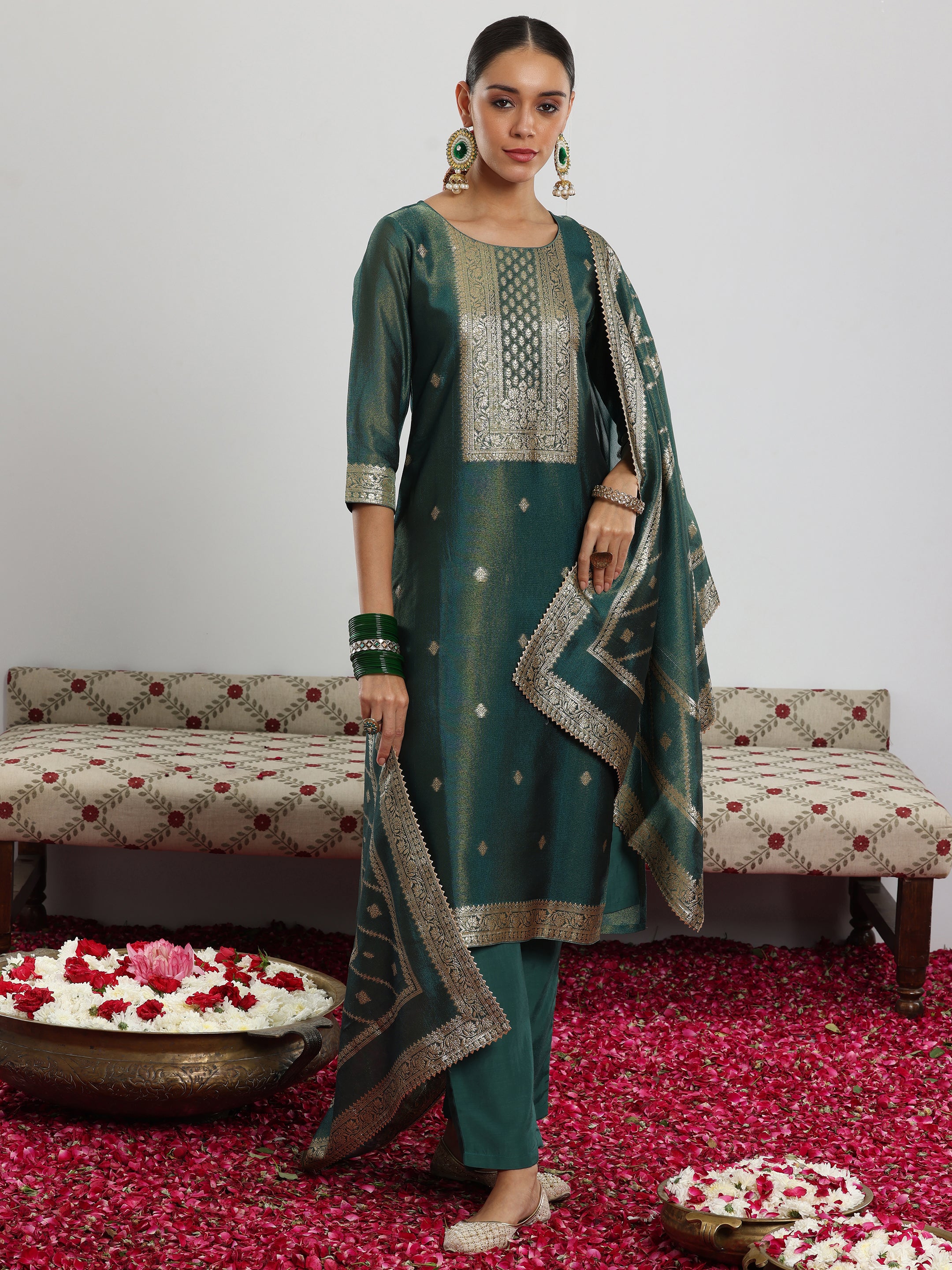 Green Woven Design Silk Blend Straight Suit With Dupatta