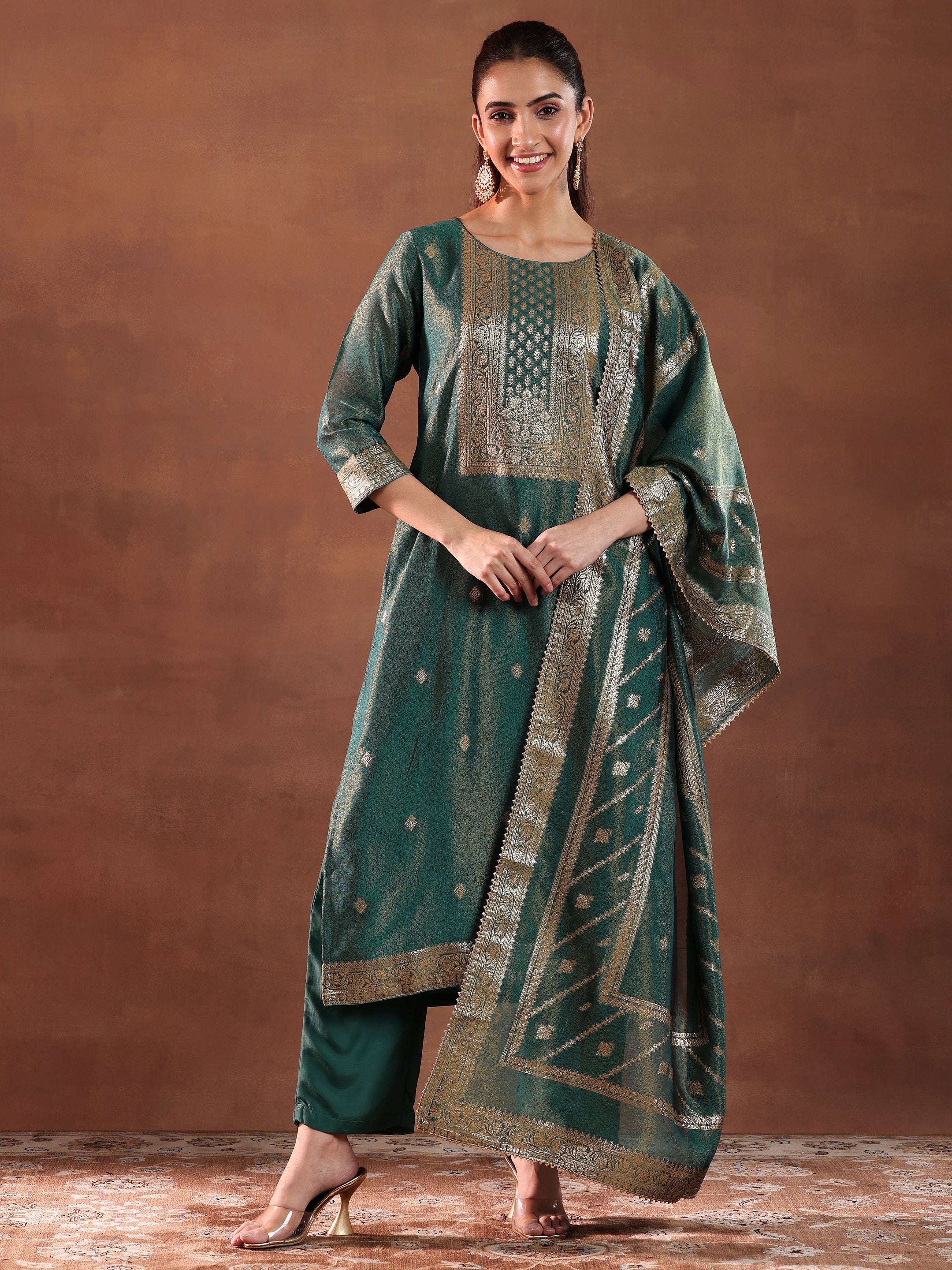 Green Woven Design Silk Blend Straight Suit With Dupatta