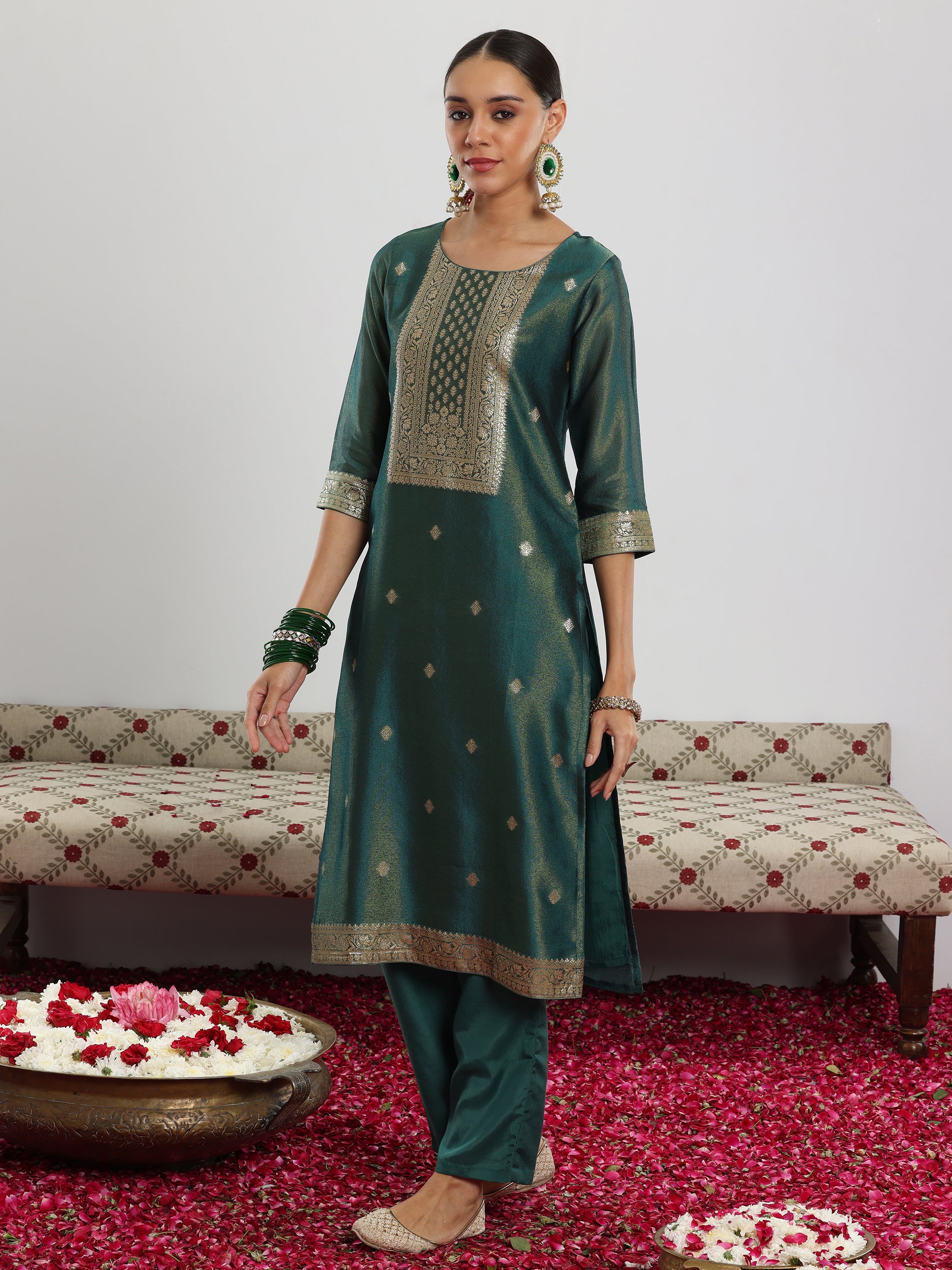 Green Woven Design Silk Blend Straight Suit With Dupatta