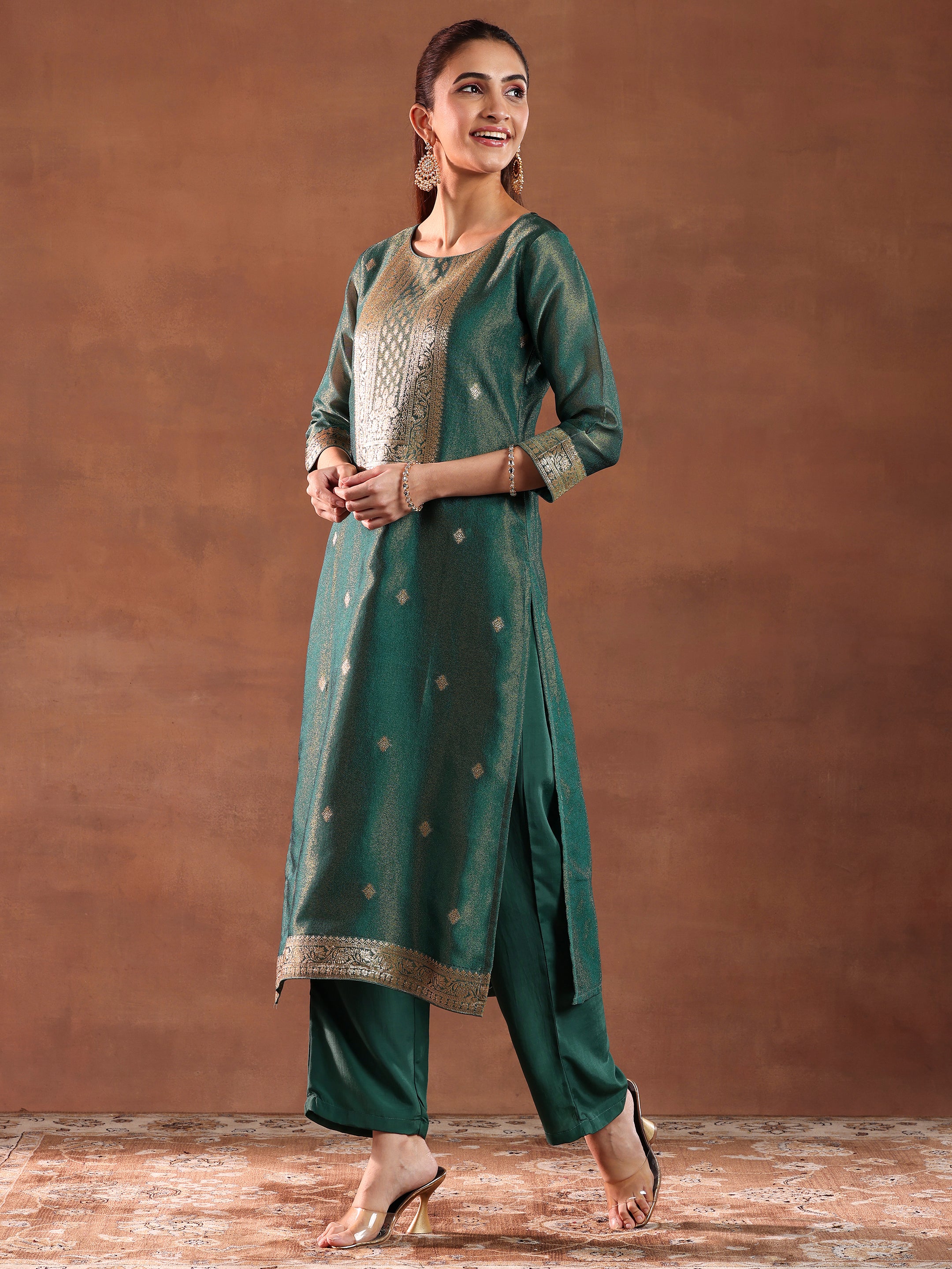 Green Woven Design Silk Blend Straight Suit With Dupatta