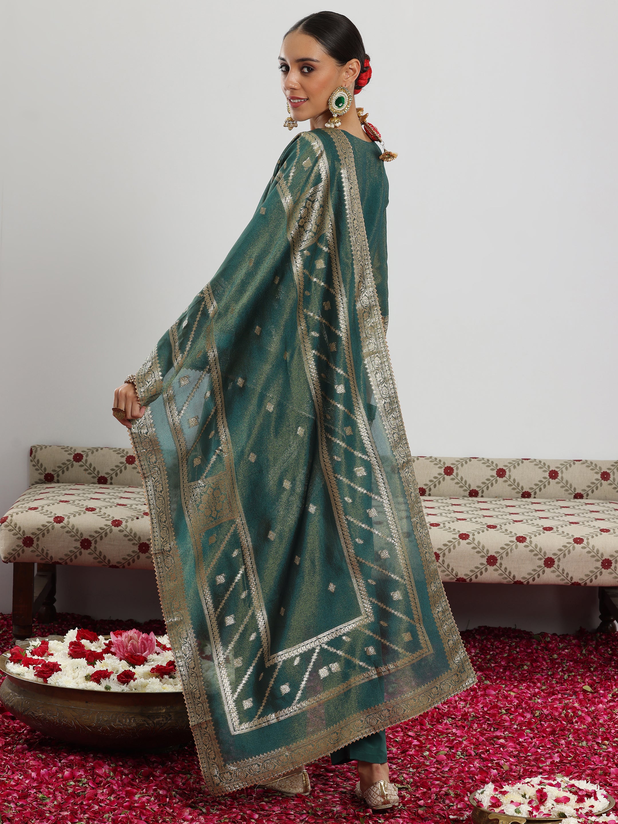 Green Woven Design Silk Blend Straight Suit With Dupatta