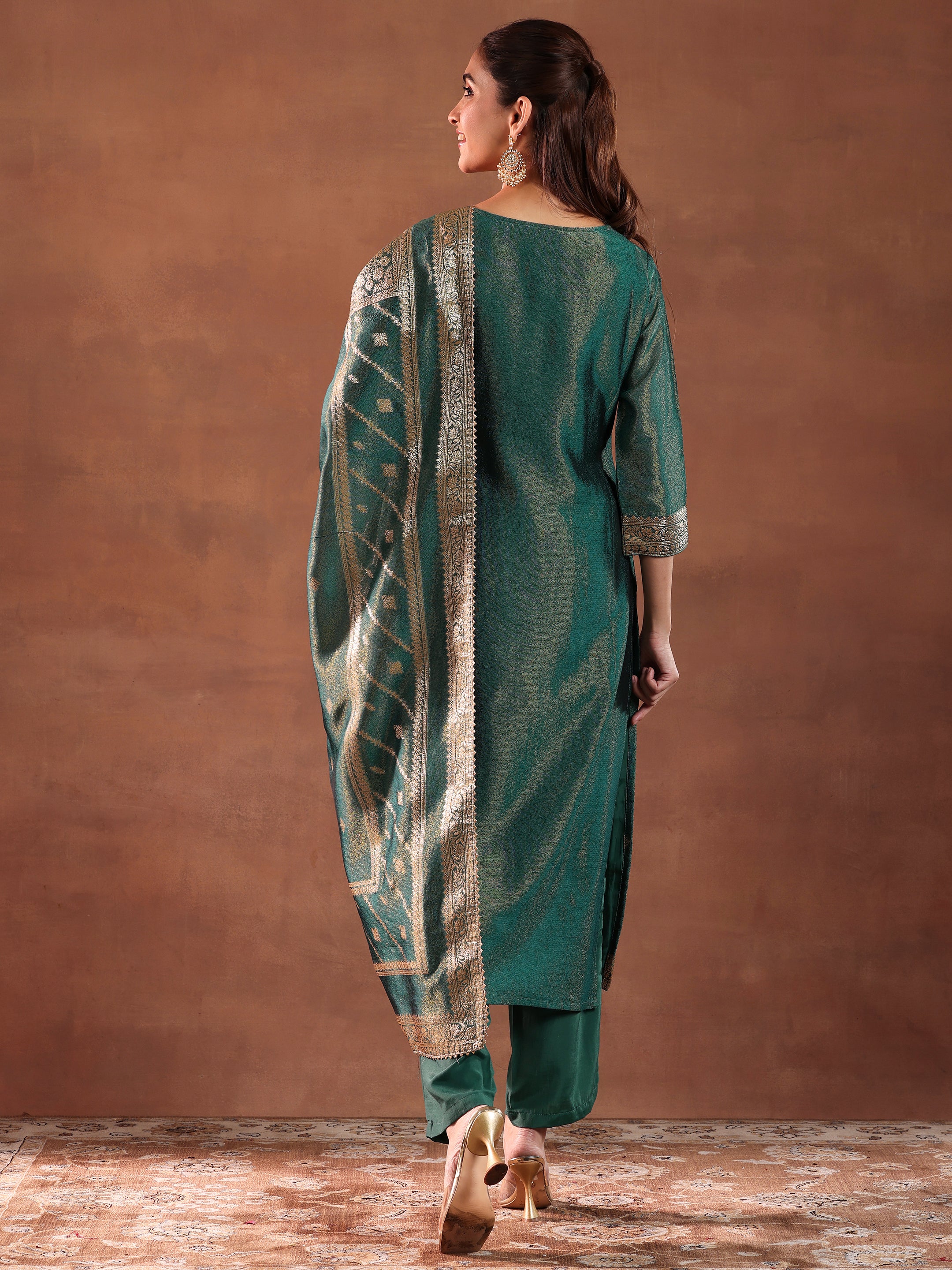 Green Woven Design Silk Blend Straight Suit With Dupatta