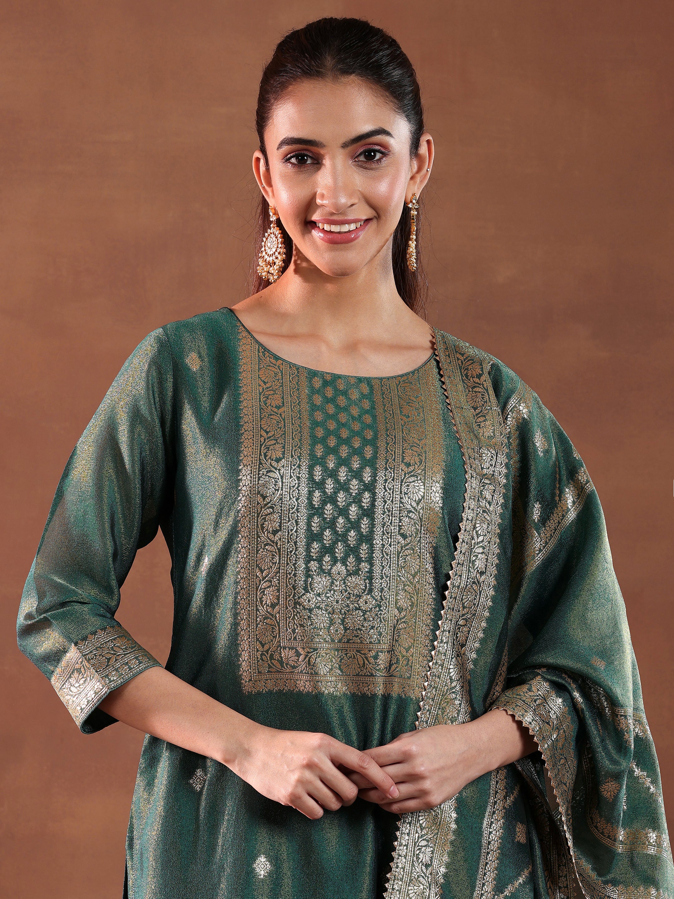 Green Woven Design Silk Blend Straight Suit With Dupatta