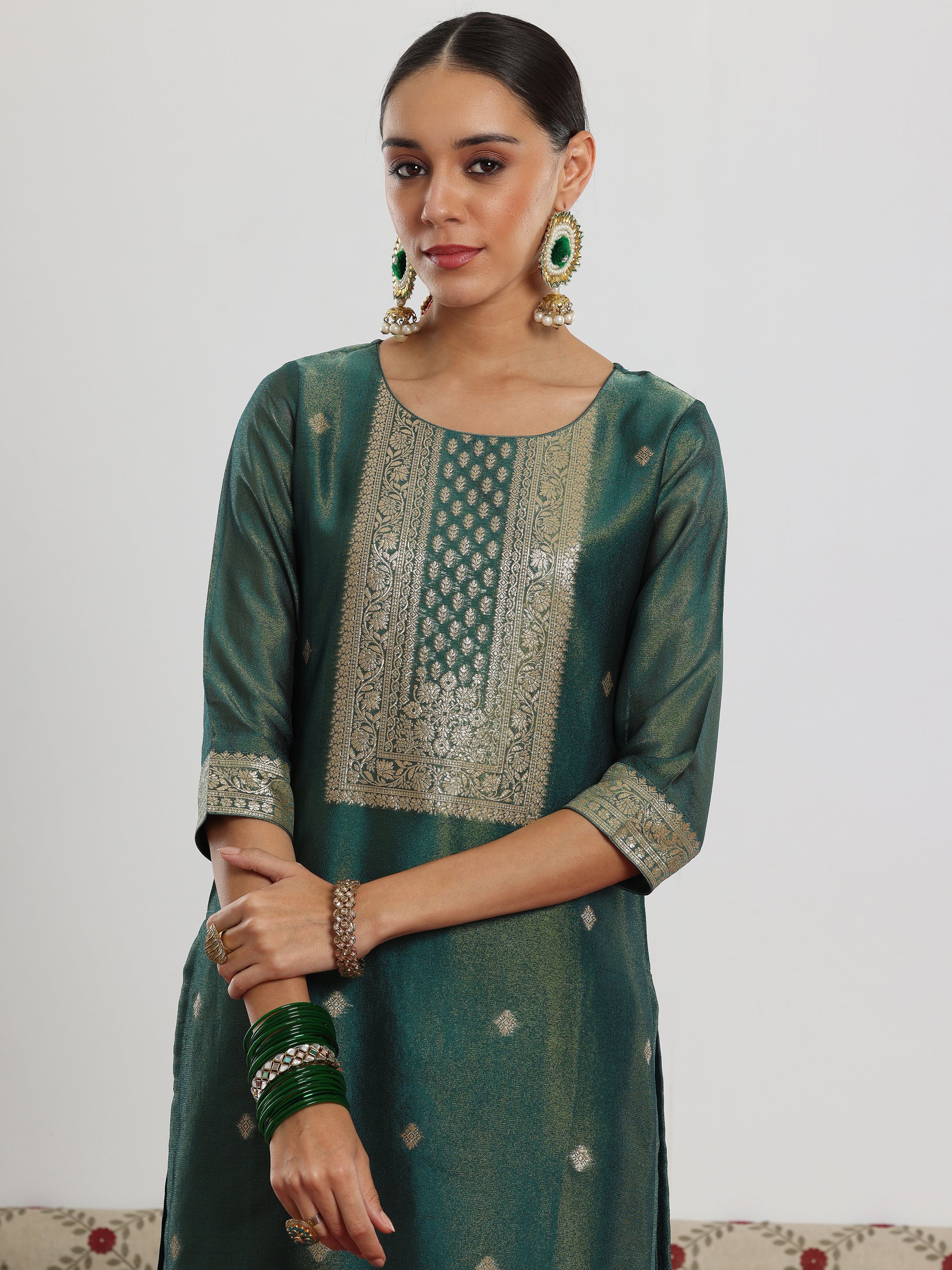 Green Woven Design Silk Blend Straight Suit With Dupatta