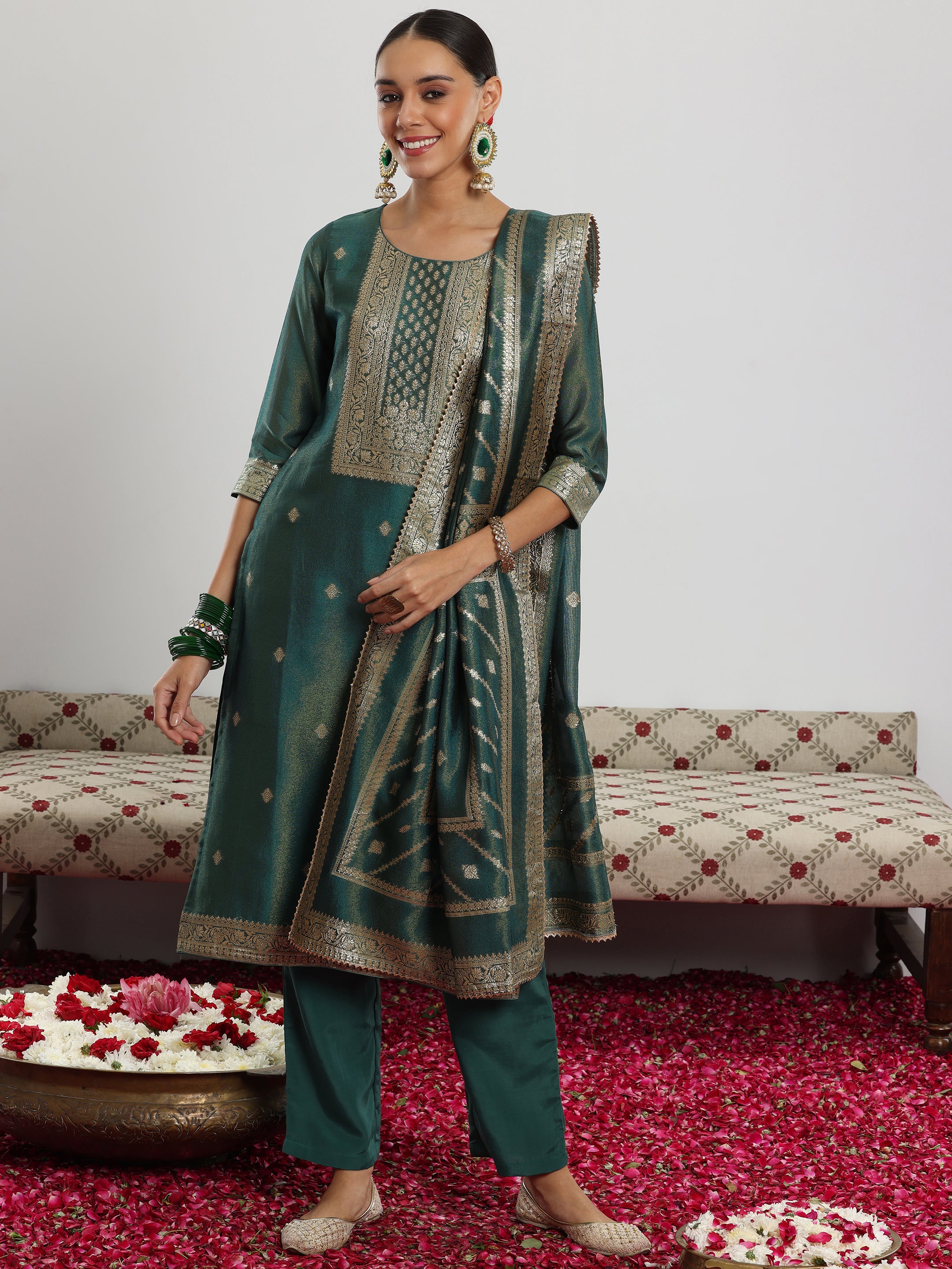 Green Woven Design Silk Blend Straight Suit With Dupatta