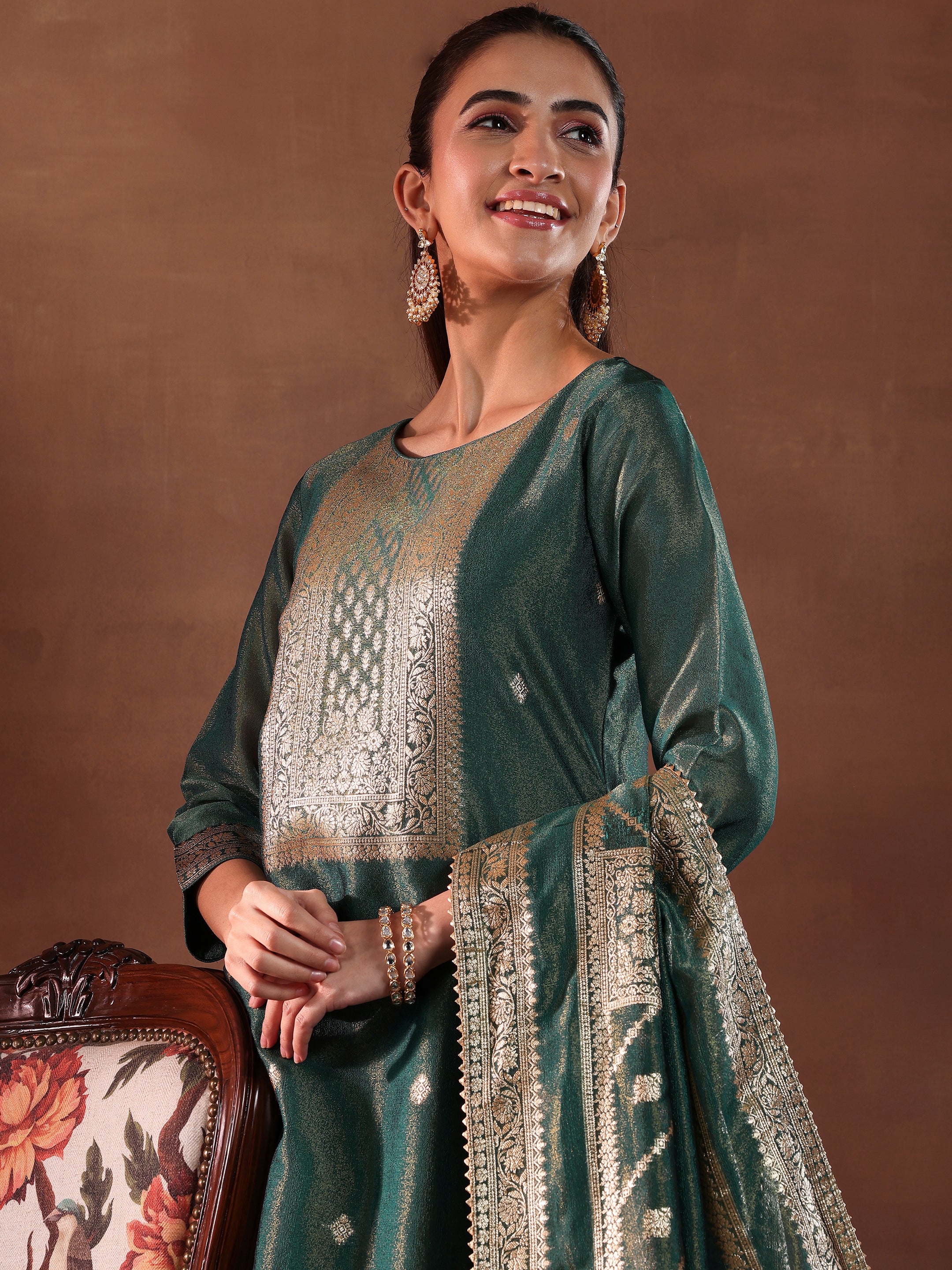 Green Woven Design Silk Blend Straight Suit With Dupatta