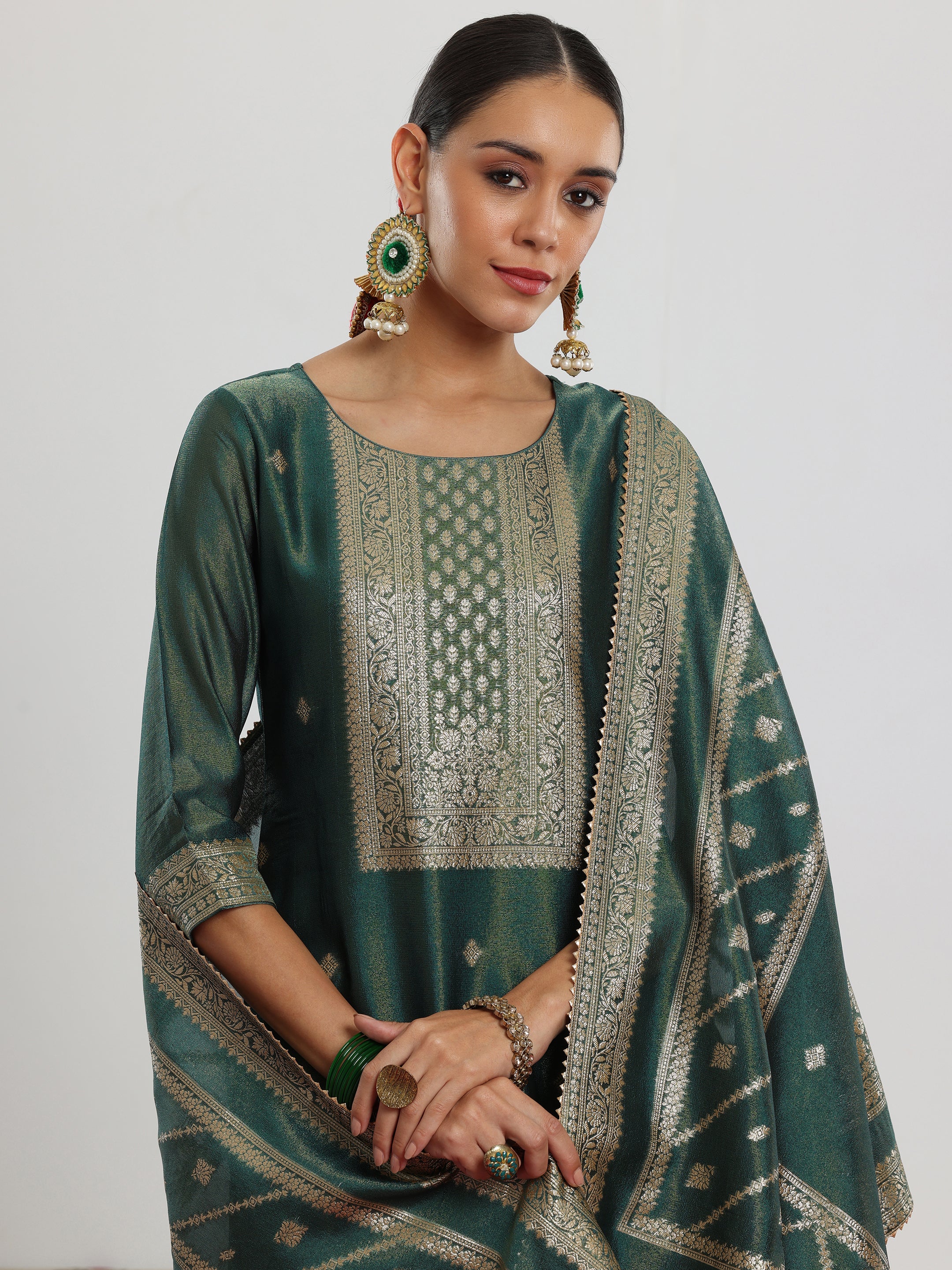 Green Woven Design Silk Blend Straight Suit With Dupatta