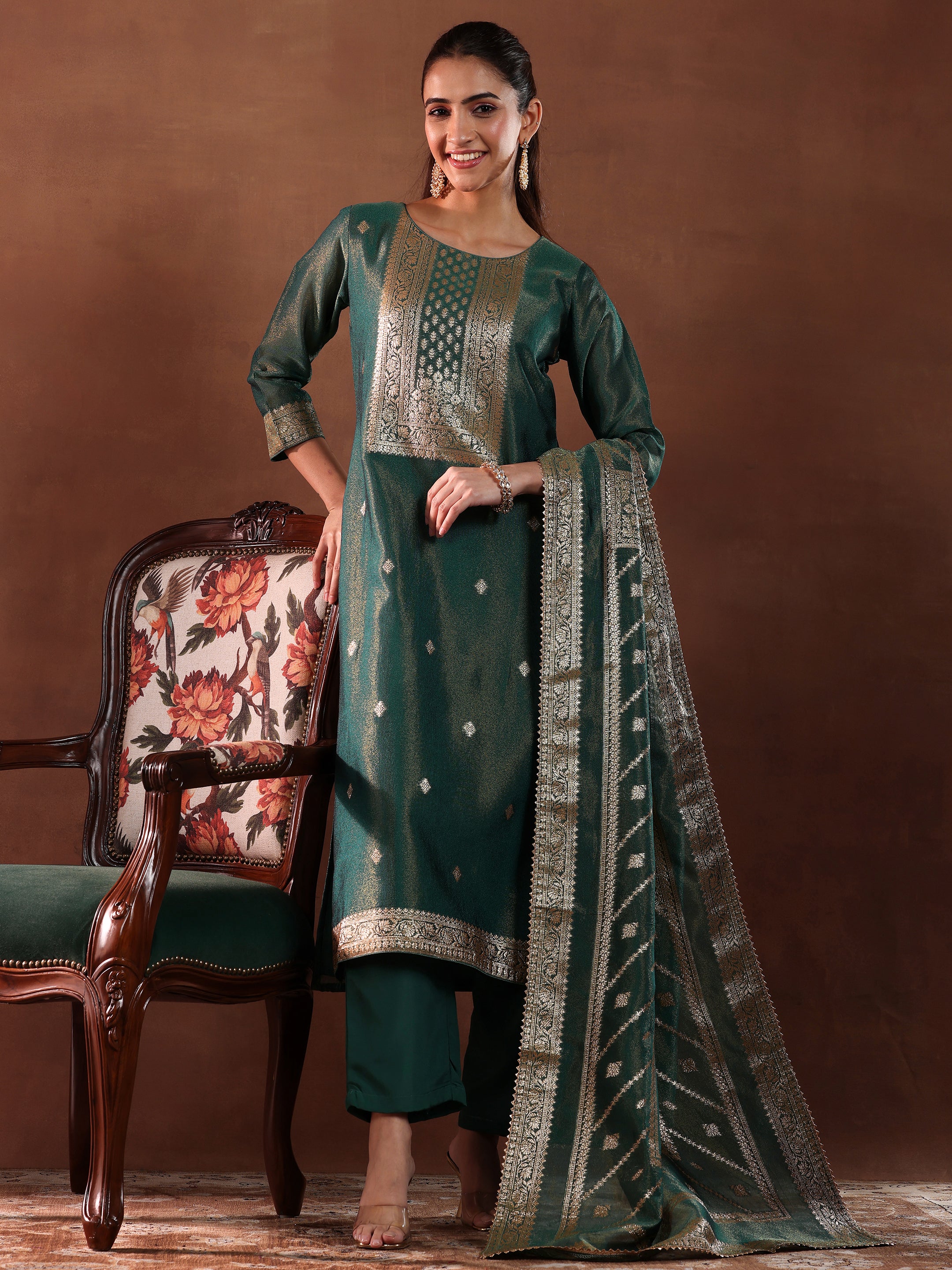 Green Woven Design Silk Blend Straight Suit With Dupatta