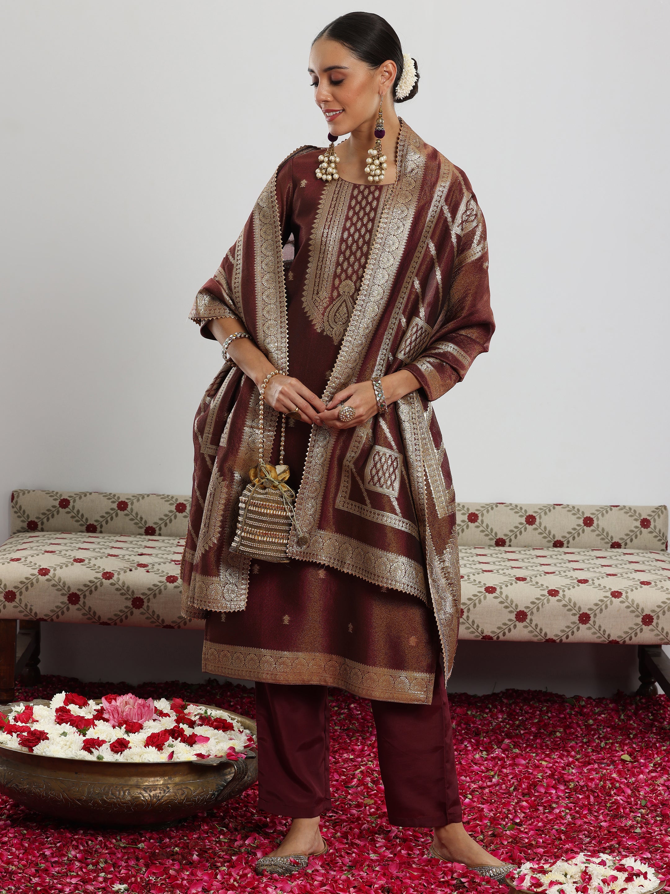 Maroon Woven Design Silk Blend Straight Suit With Dupatta