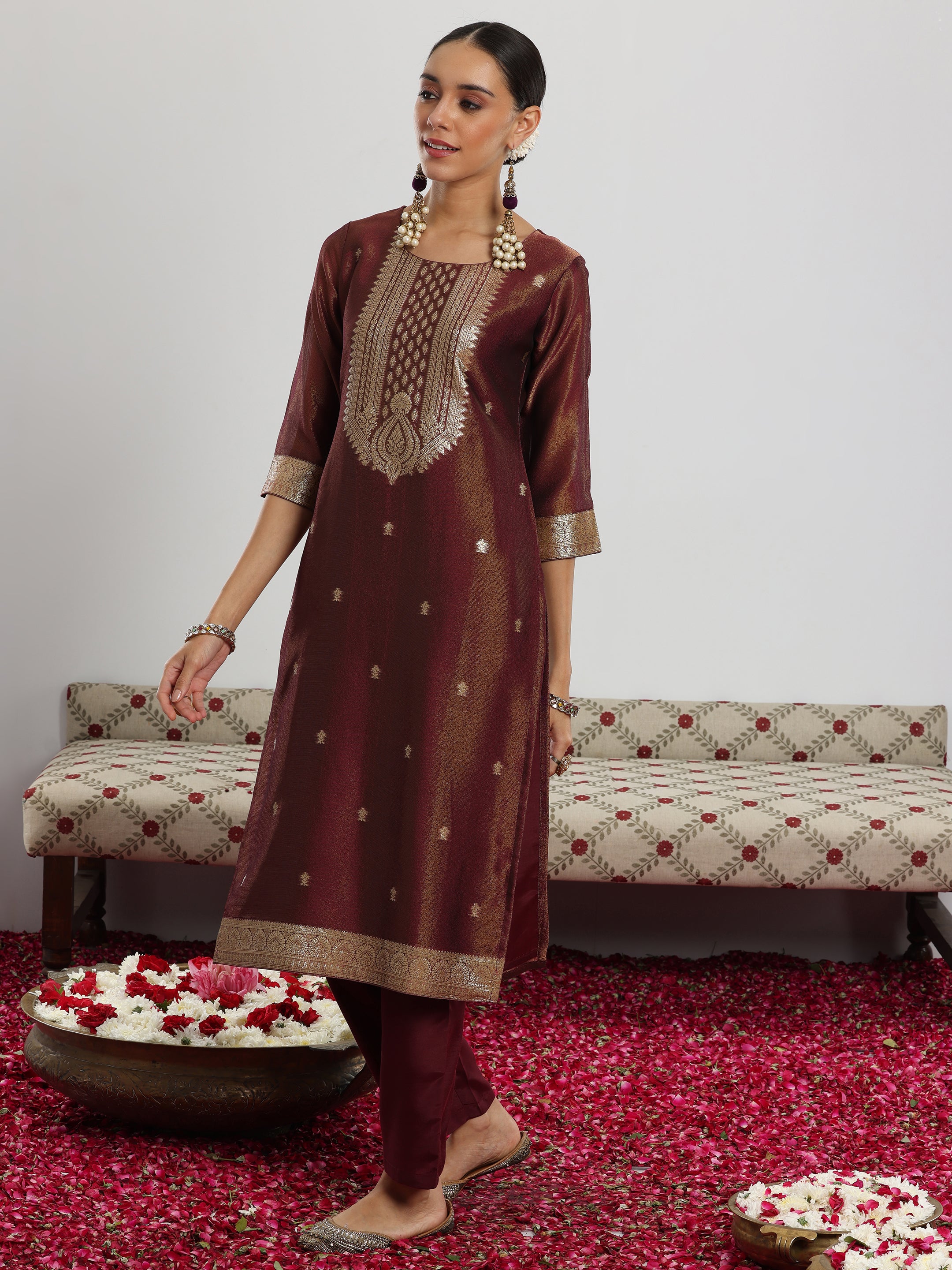 Maroon Woven Design Silk Blend Straight Suit With Dupatta