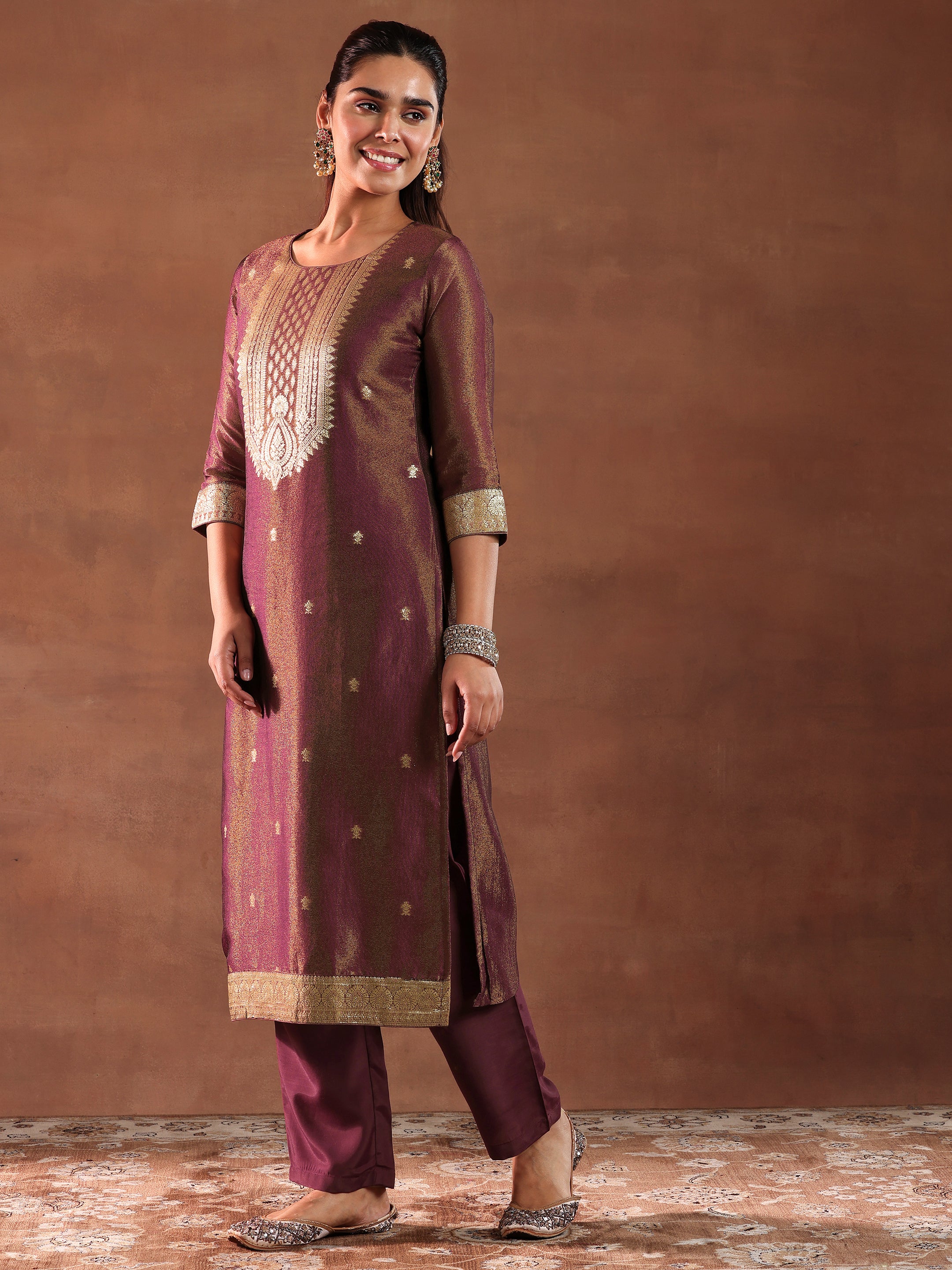 Maroon Woven Design Silk Blend Straight Suit With Dupatta