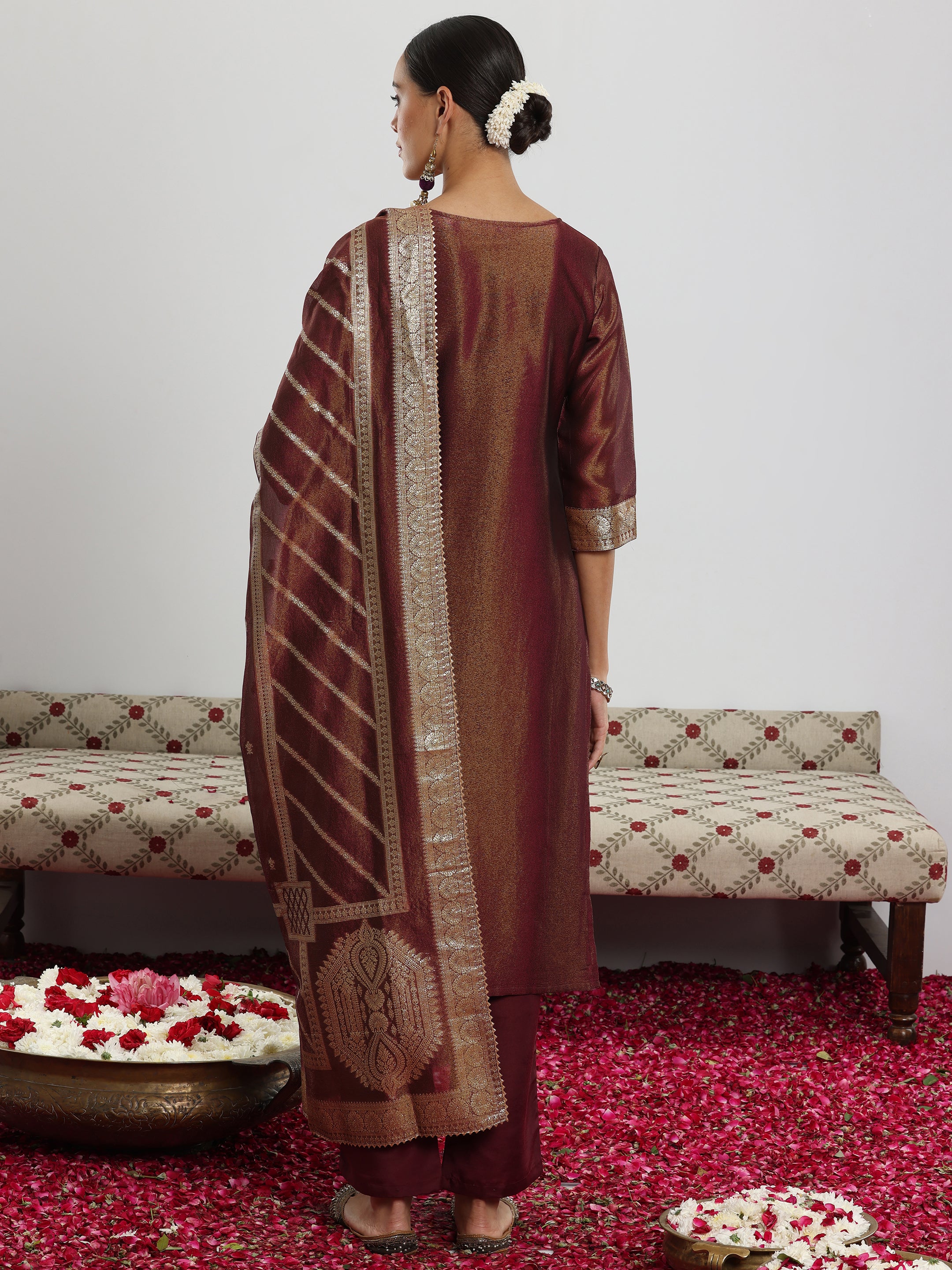 Maroon Woven Design Silk Blend Straight Suit With Dupatta