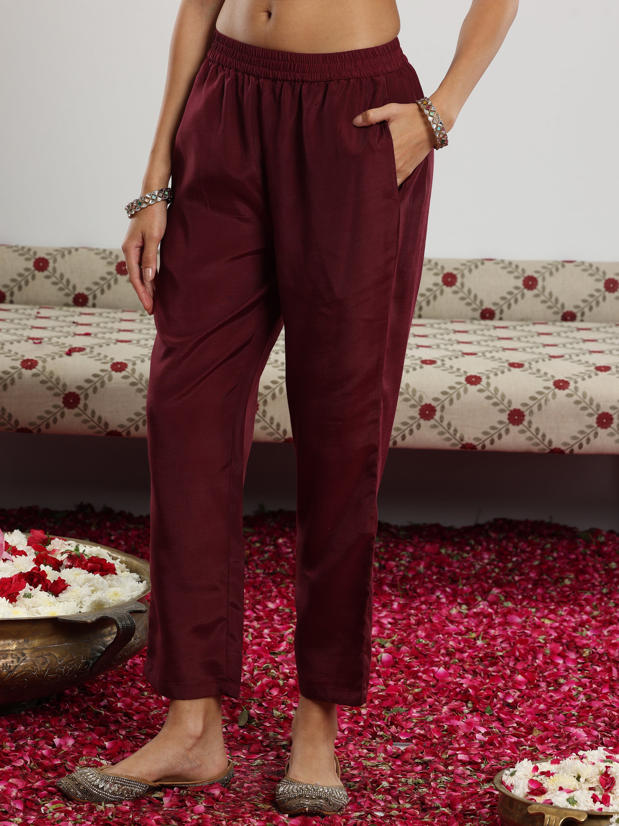 Maroon Woven Design Silk Blend Straight Suit With Dupatta