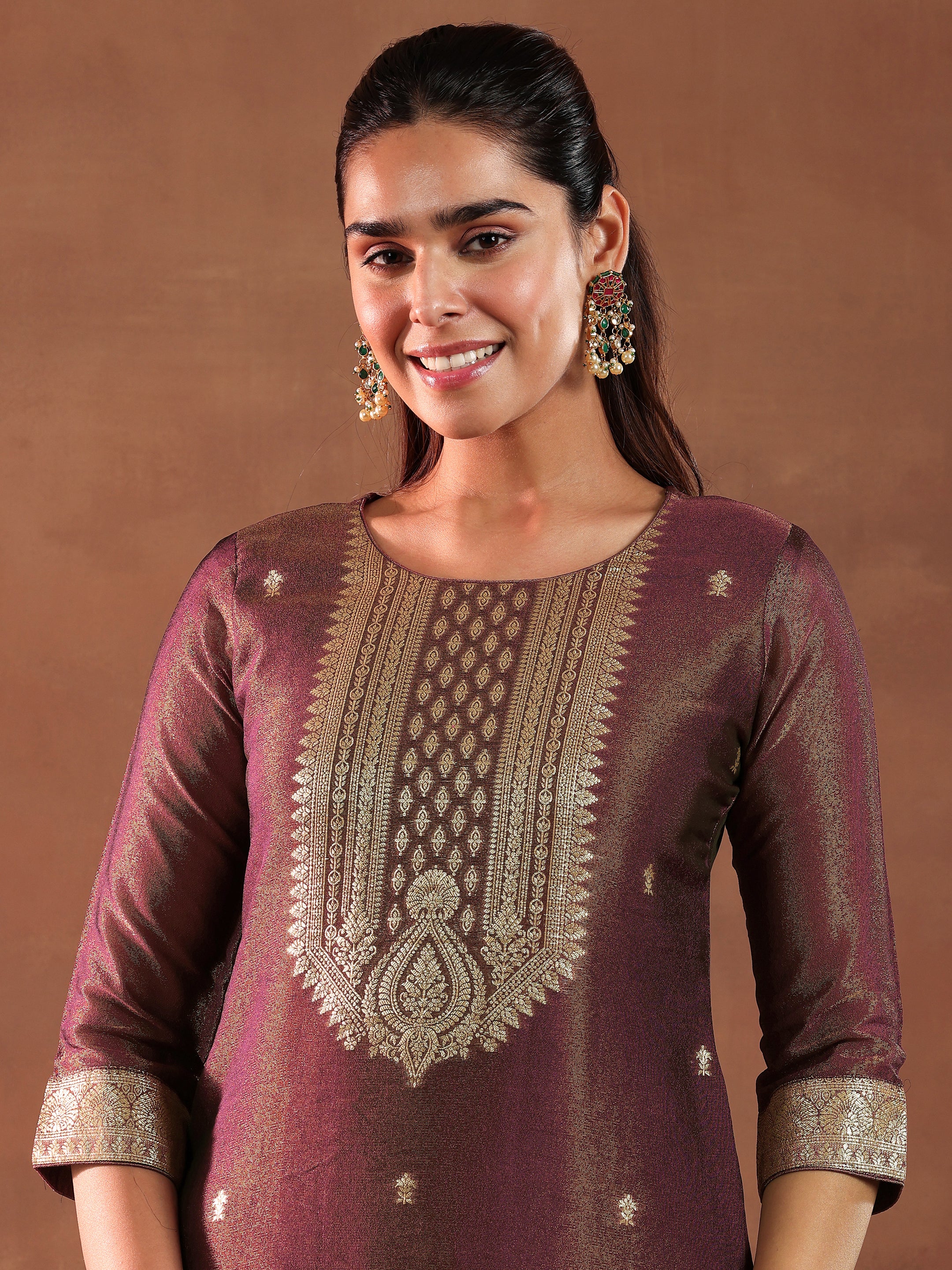 Maroon Woven Design Silk Blend Straight Suit With Dupatta