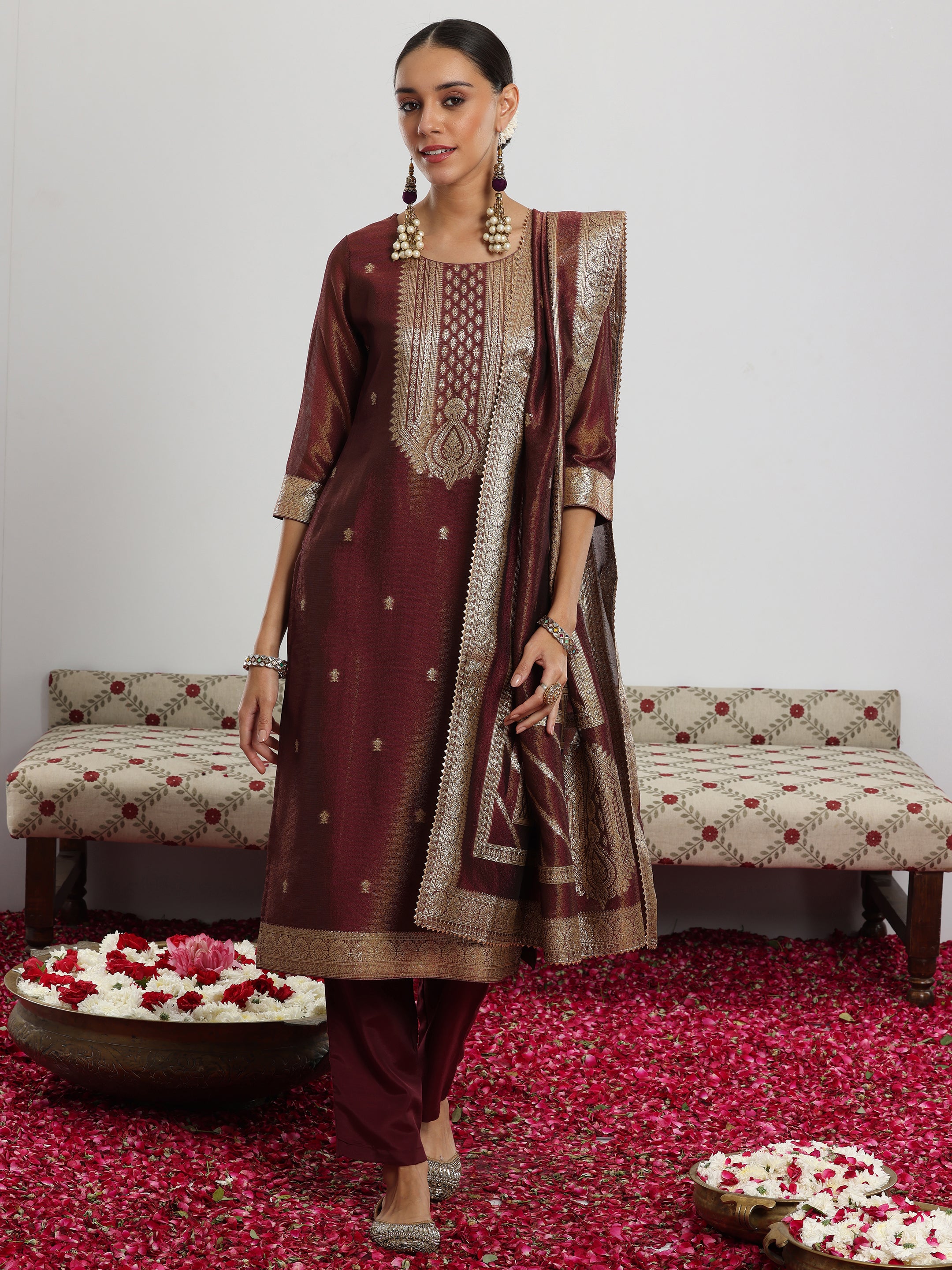 Maroon Woven Design Silk Blend Straight Suit With Dupatta