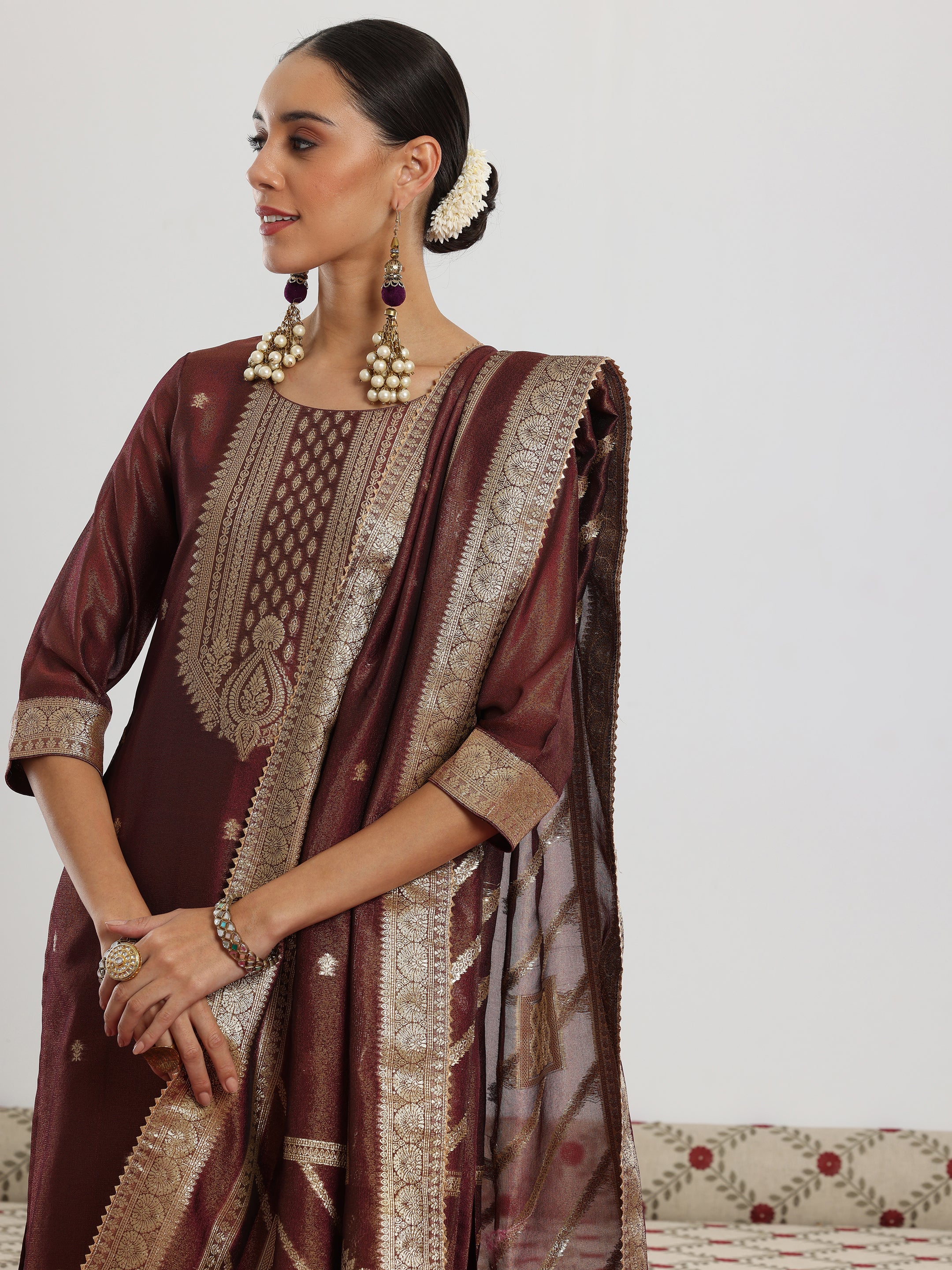 Maroon Woven Design Silk Blend Straight Suit With Dupatta