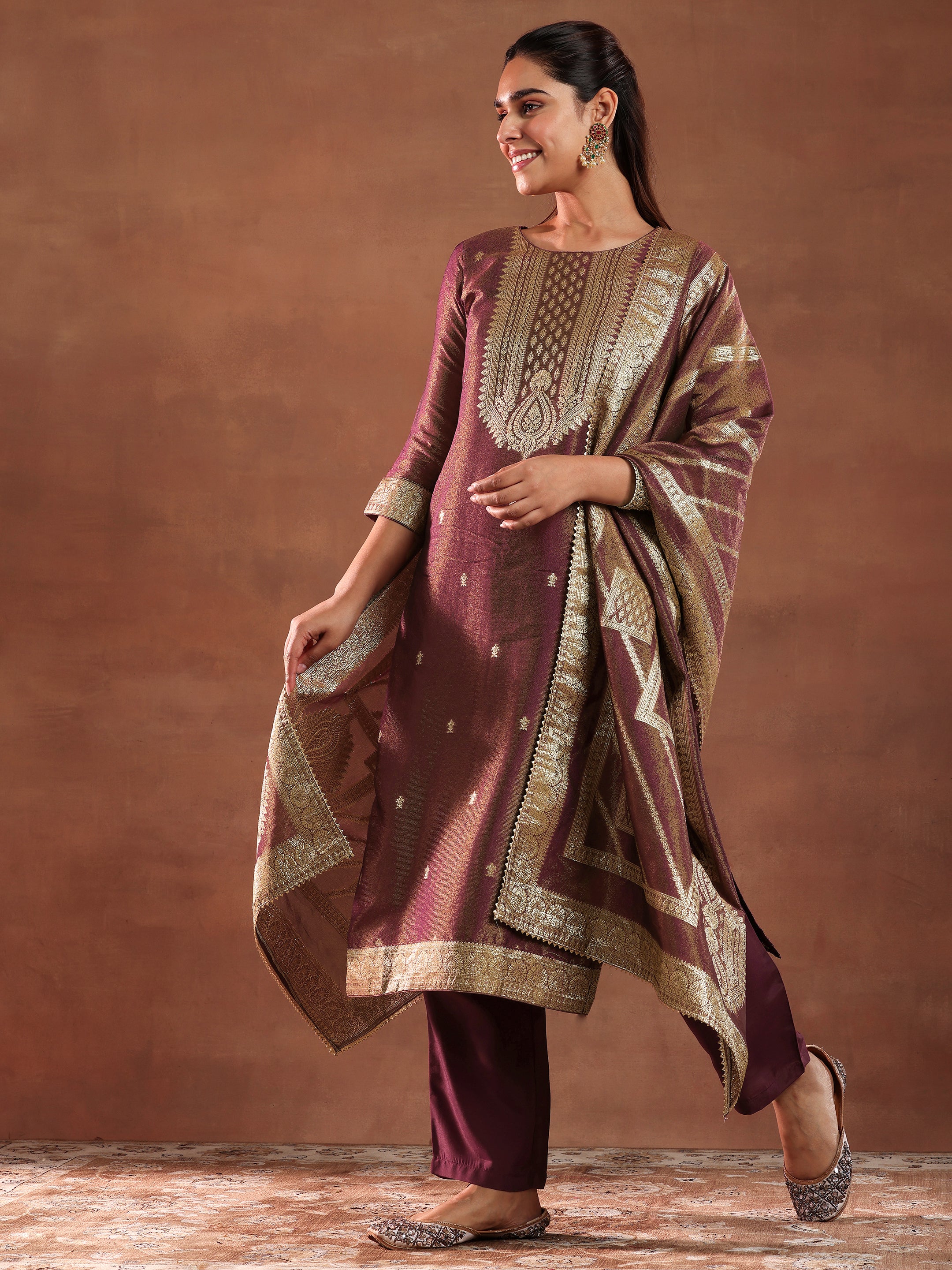 Maroon Woven Design Silk Blend Straight Suit With Dupatta