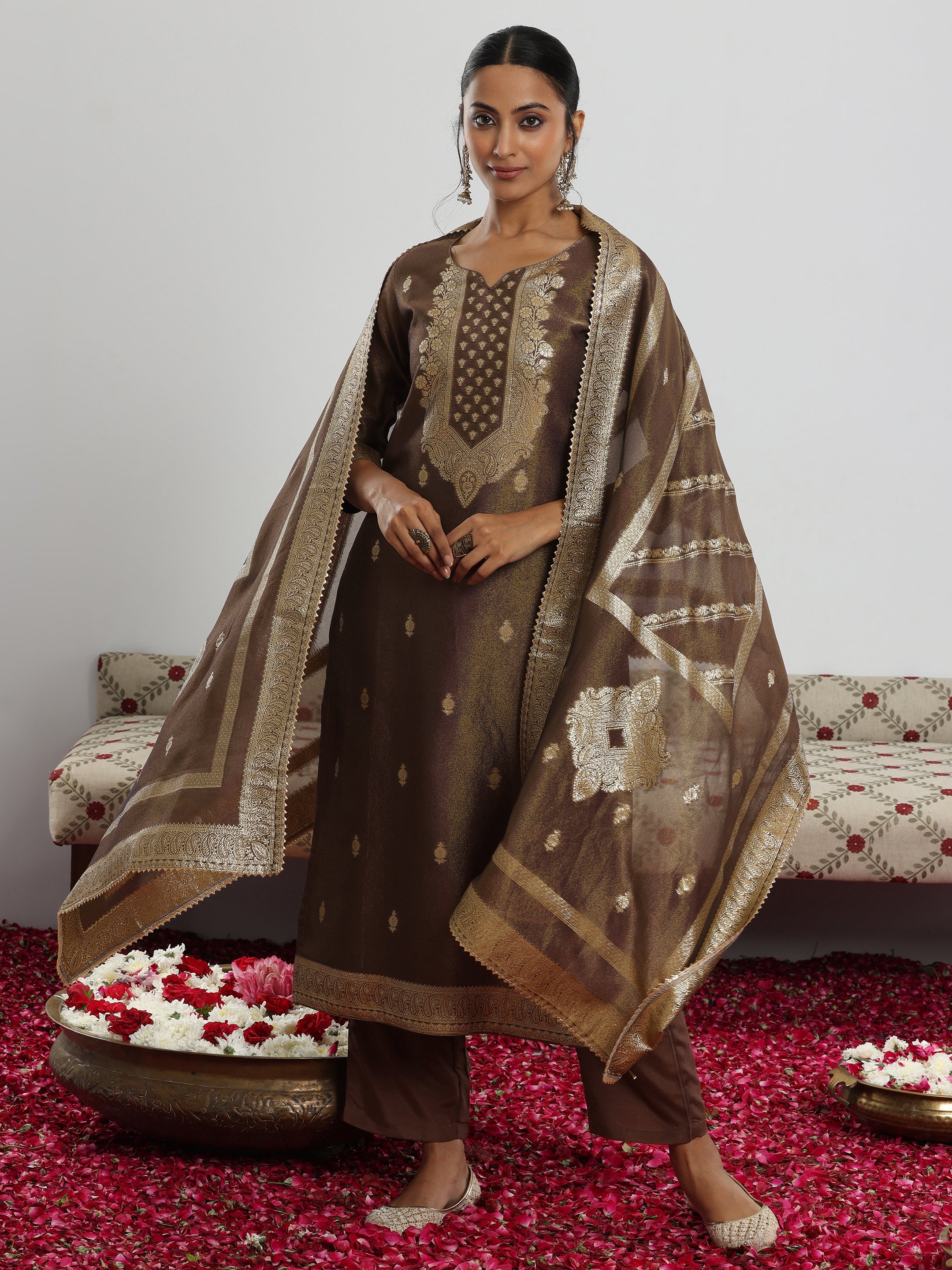 Brown Woven Design Silk Blend Straight Suit With Dupatta