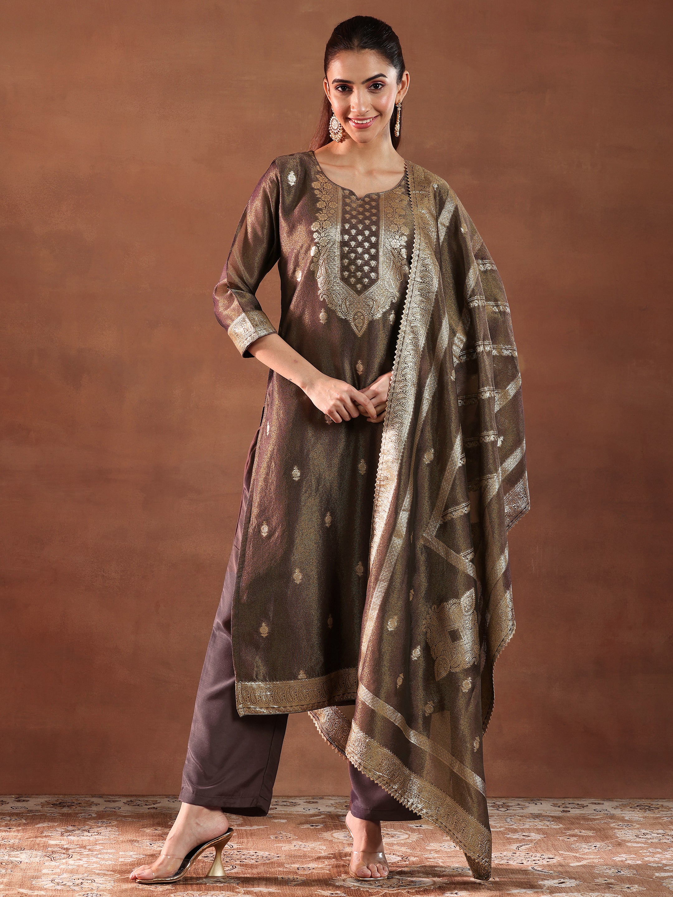 Brown Woven Design Silk Blend Straight Suit With Dupatta