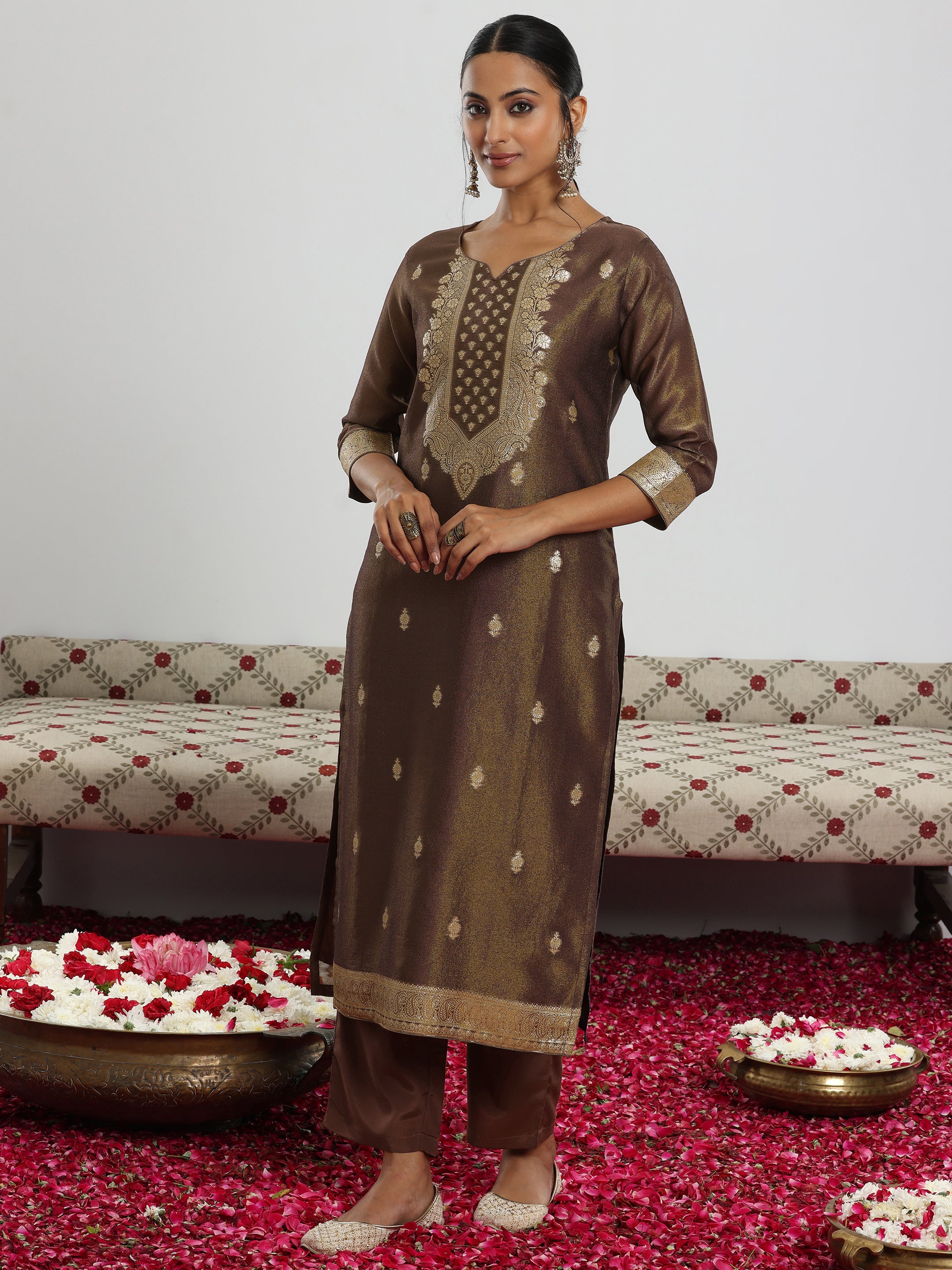 Brown Woven Design Silk Blend Straight Suit With Dupatta