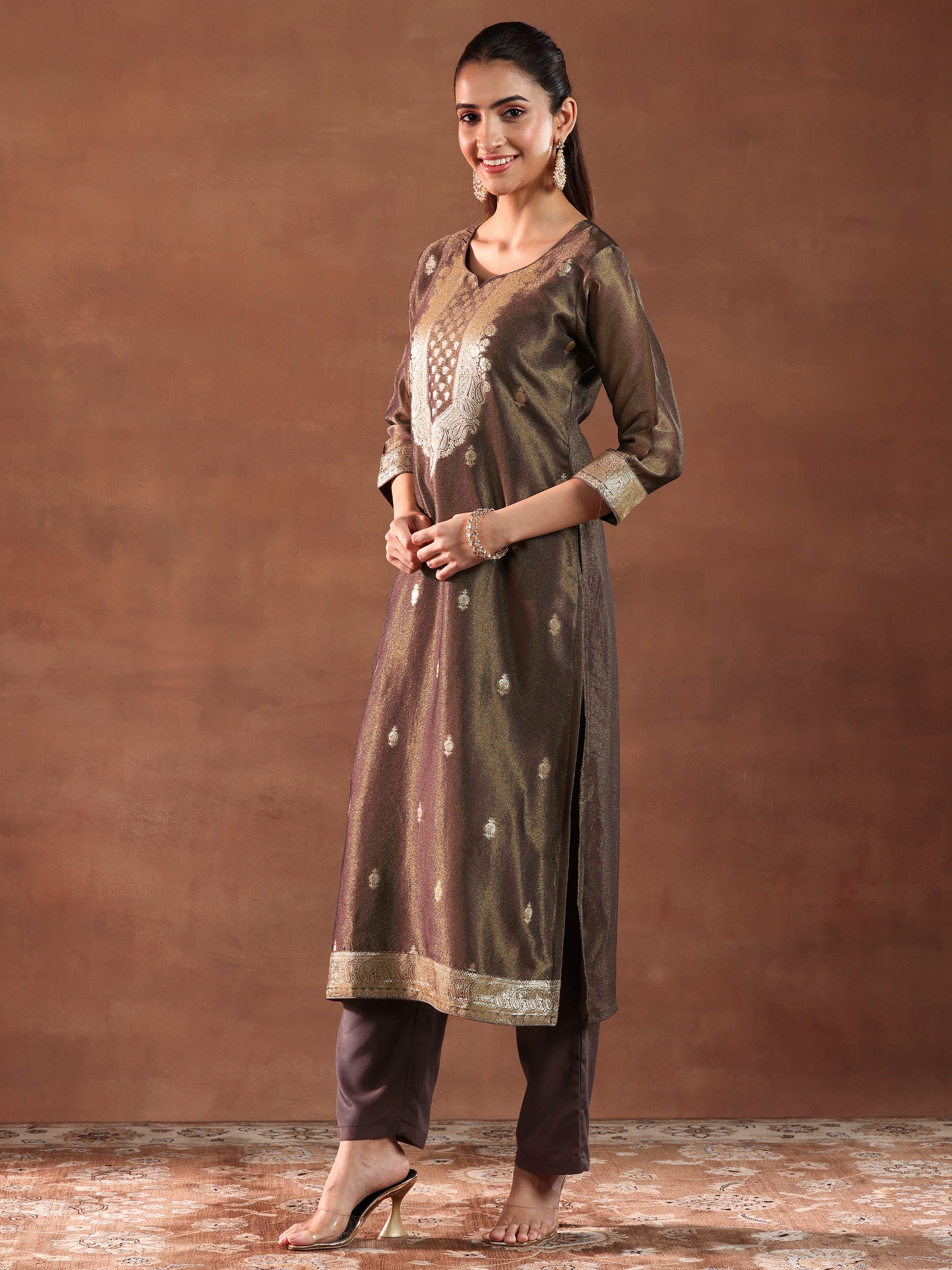 Brown Woven Design Silk Blend Straight Suit With Dupatta