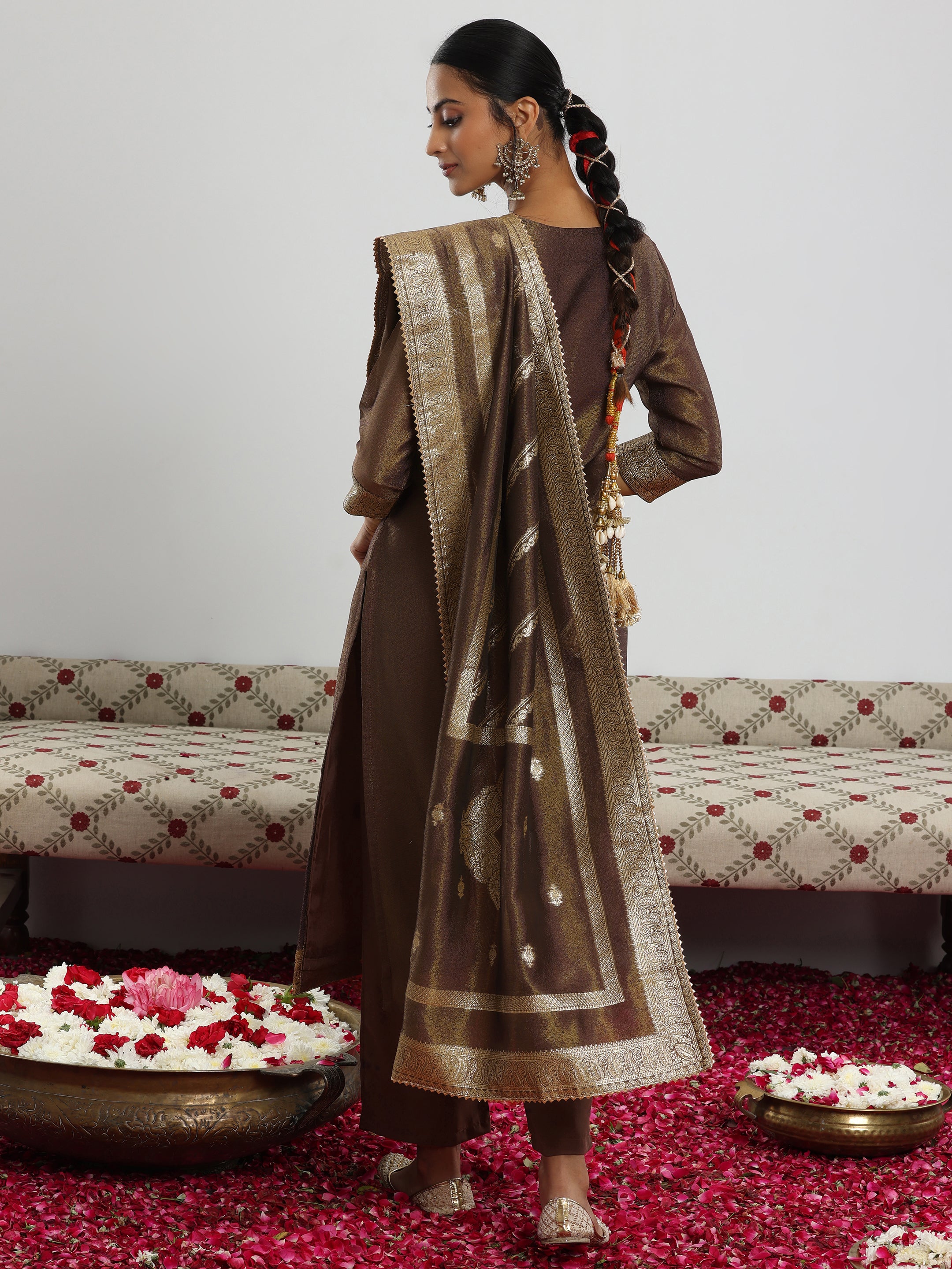 Brown Woven Design Silk Blend Straight Suit With Dupatta