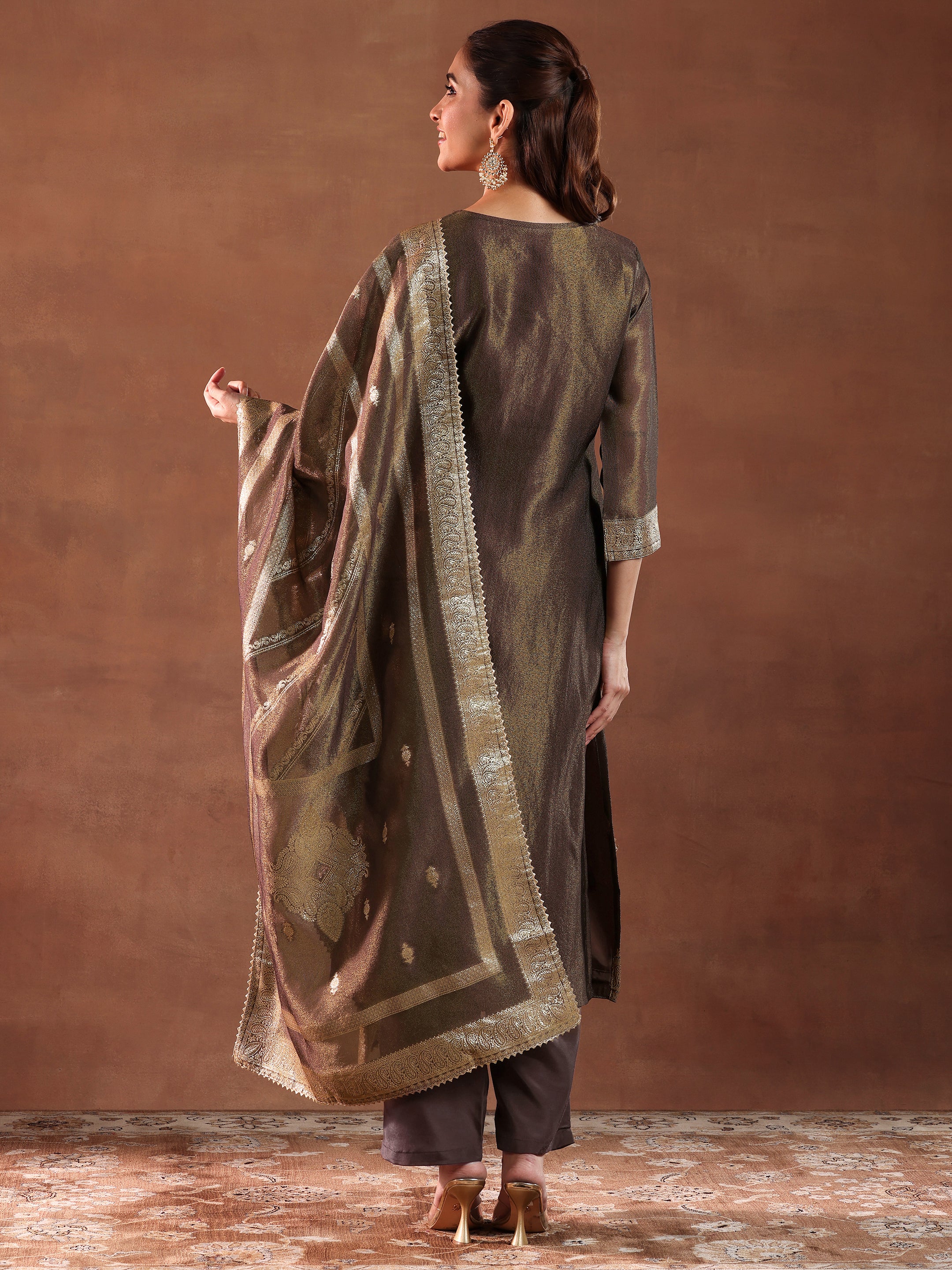 Brown Woven Design Silk Blend Straight Suit With Dupatta