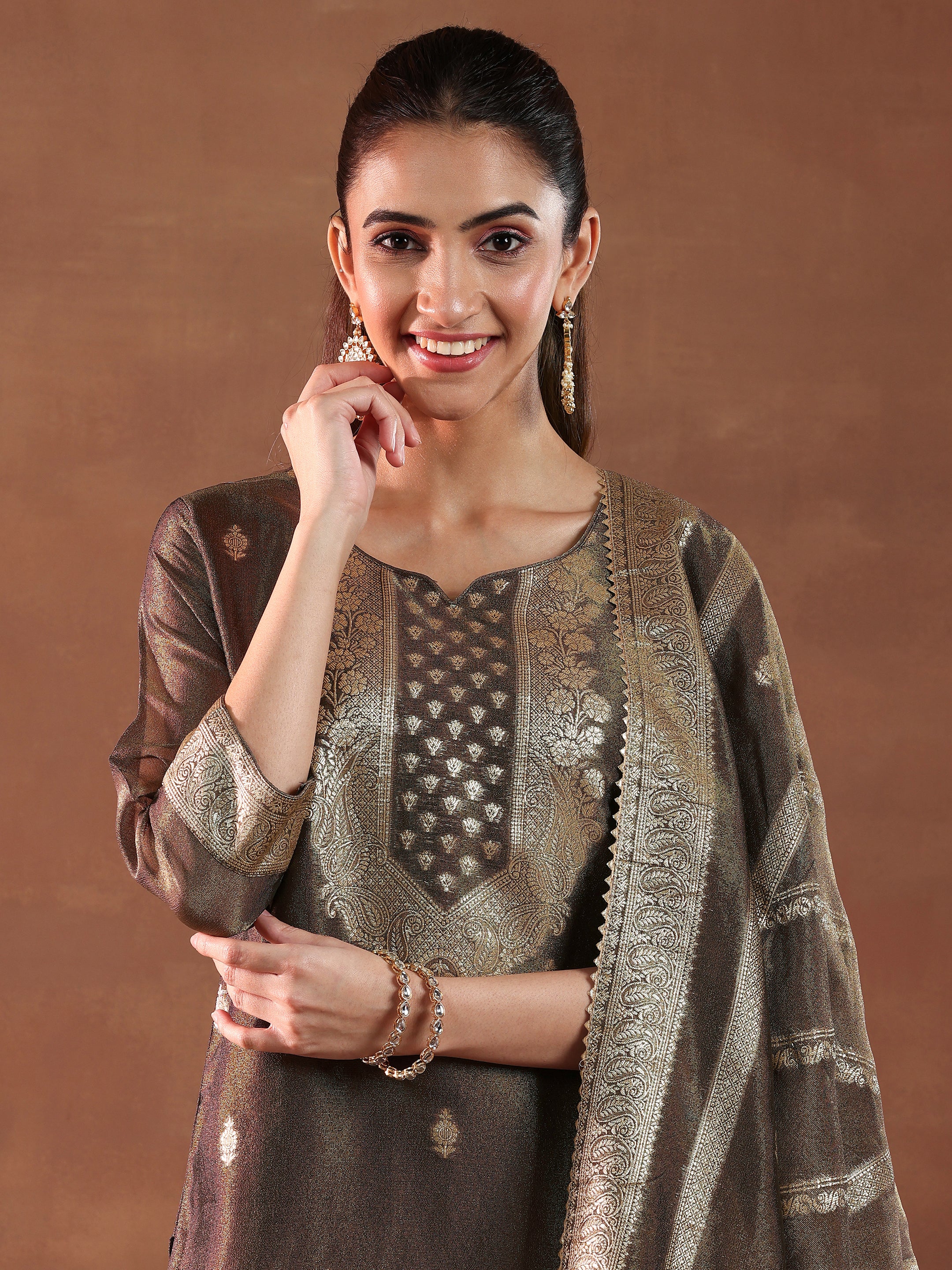 Brown Woven Design Silk Blend Straight Suit With Dupatta