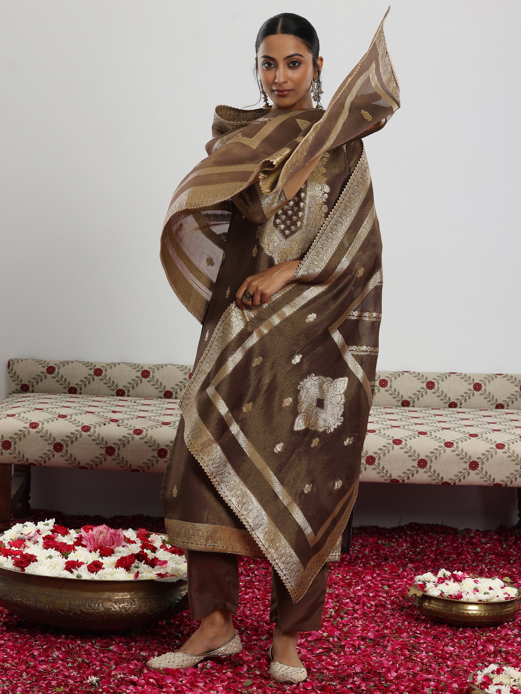 Brown Woven Design Silk Blend Straight Suit With Dupatta