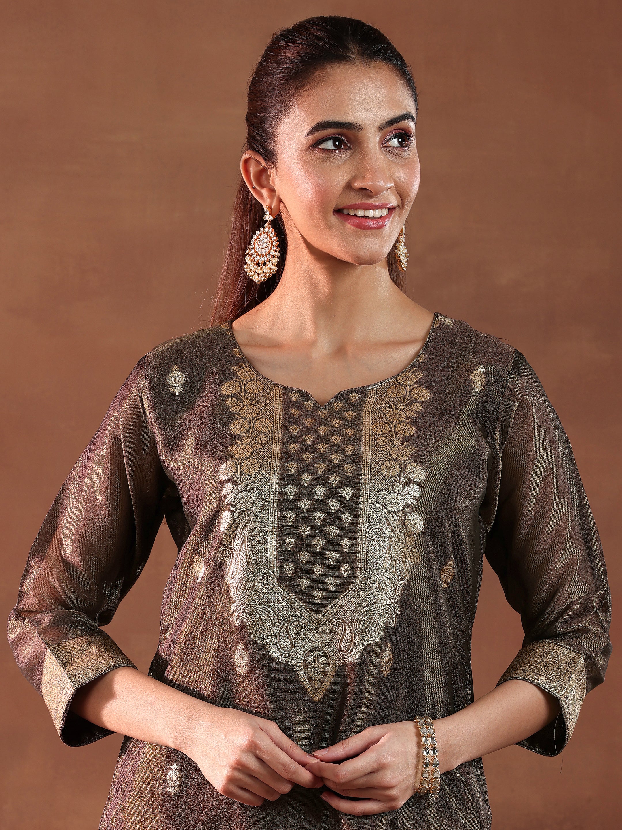 Brown Woven Design Silk Blend Straight Suit With Dupatta