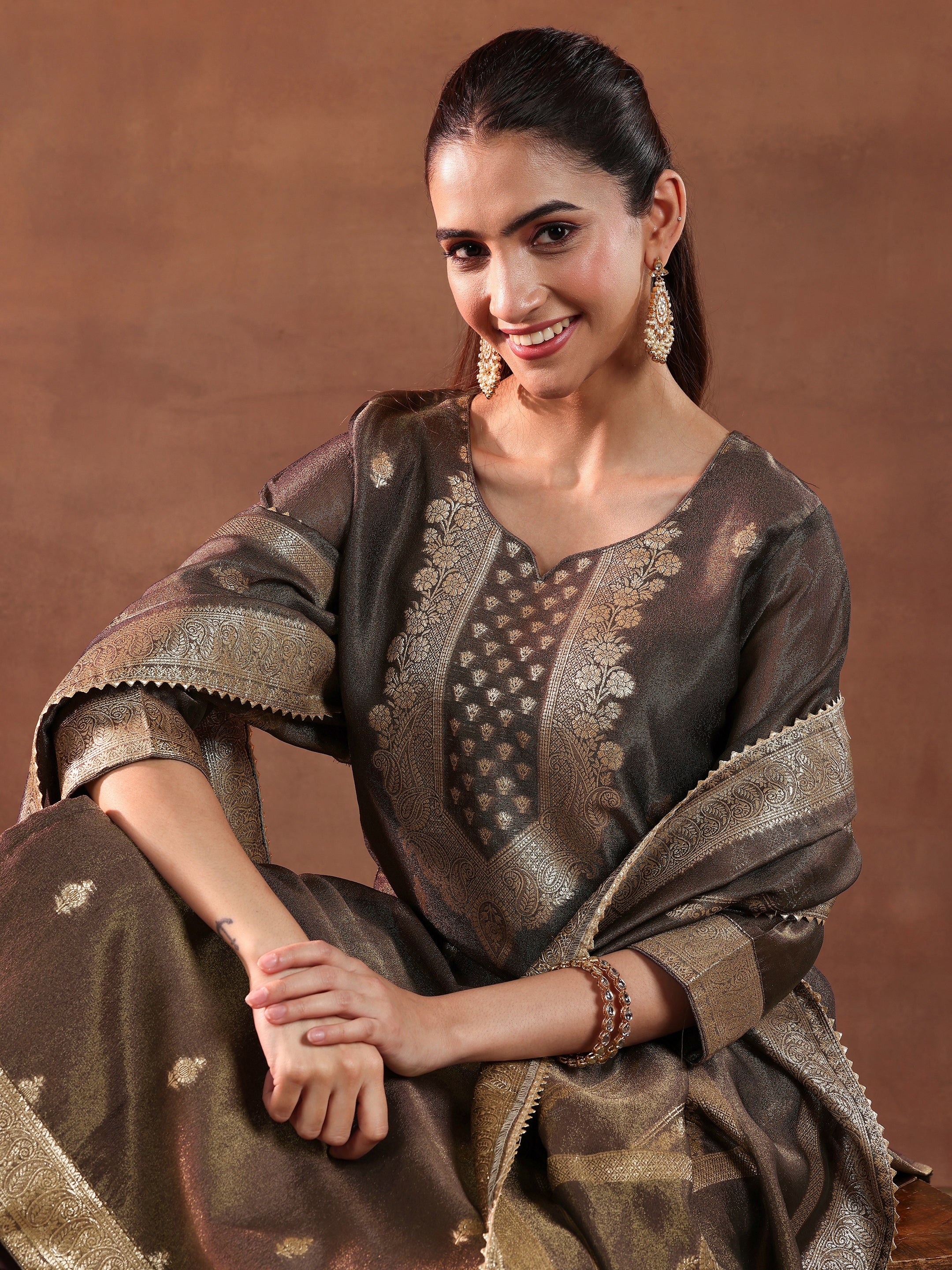 Brown Woven Design Silk Blend Straight Suit With Dupatta