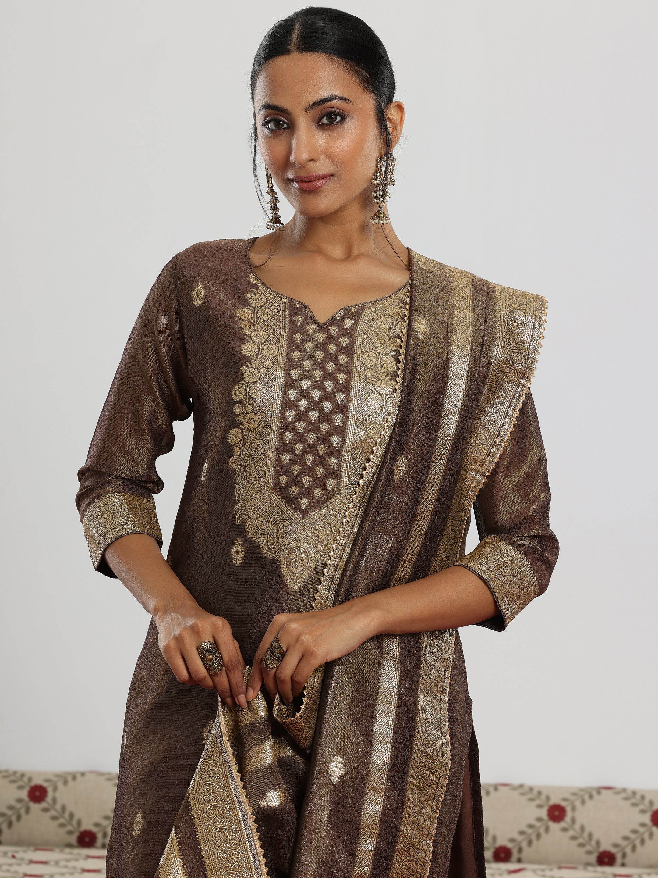 Brown Woven Design Silk Blend Straight Suit With Dupatta