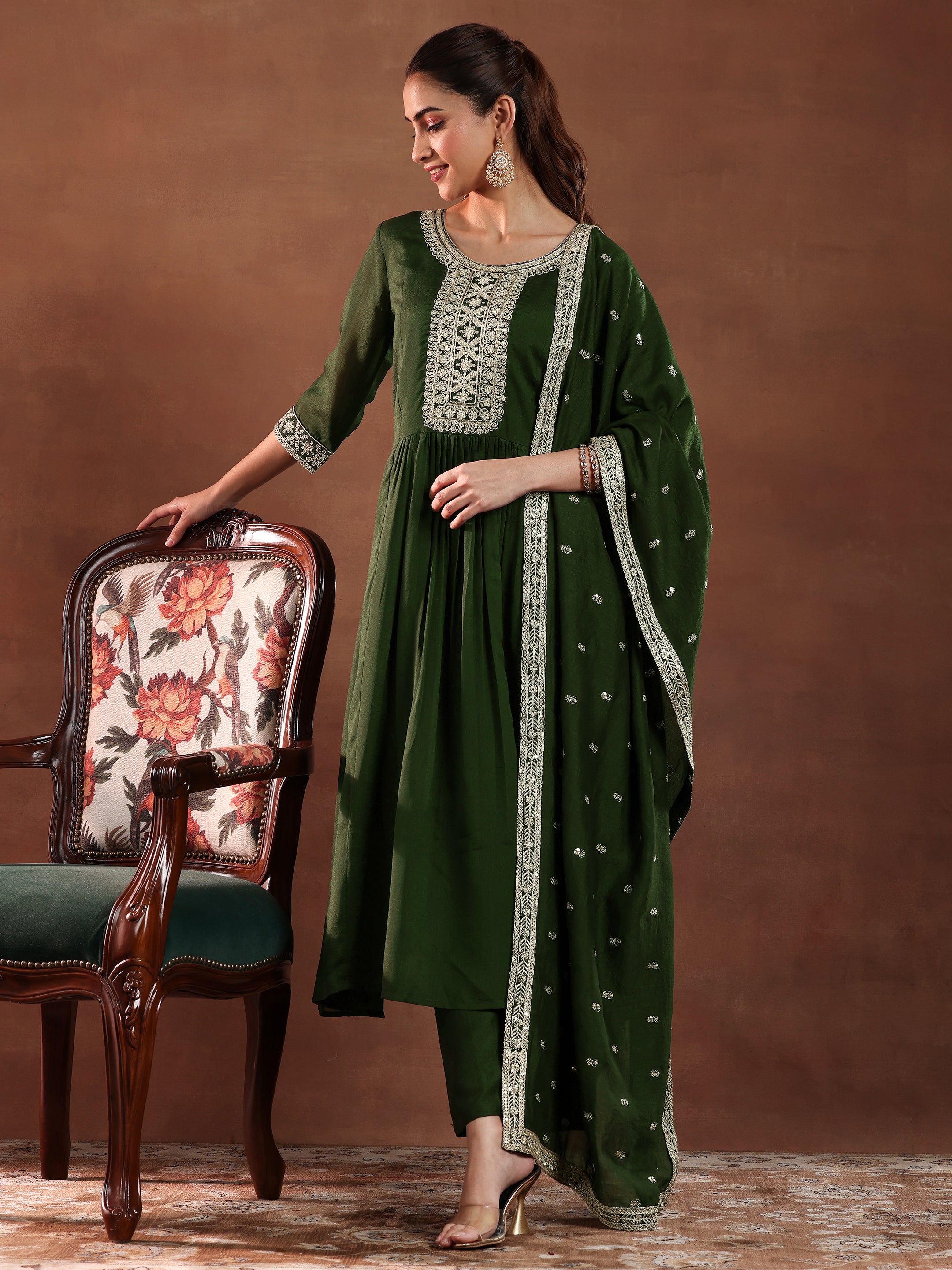 Olive Green Yoke Design Silk Blend Anarkali Suit With Dupatta