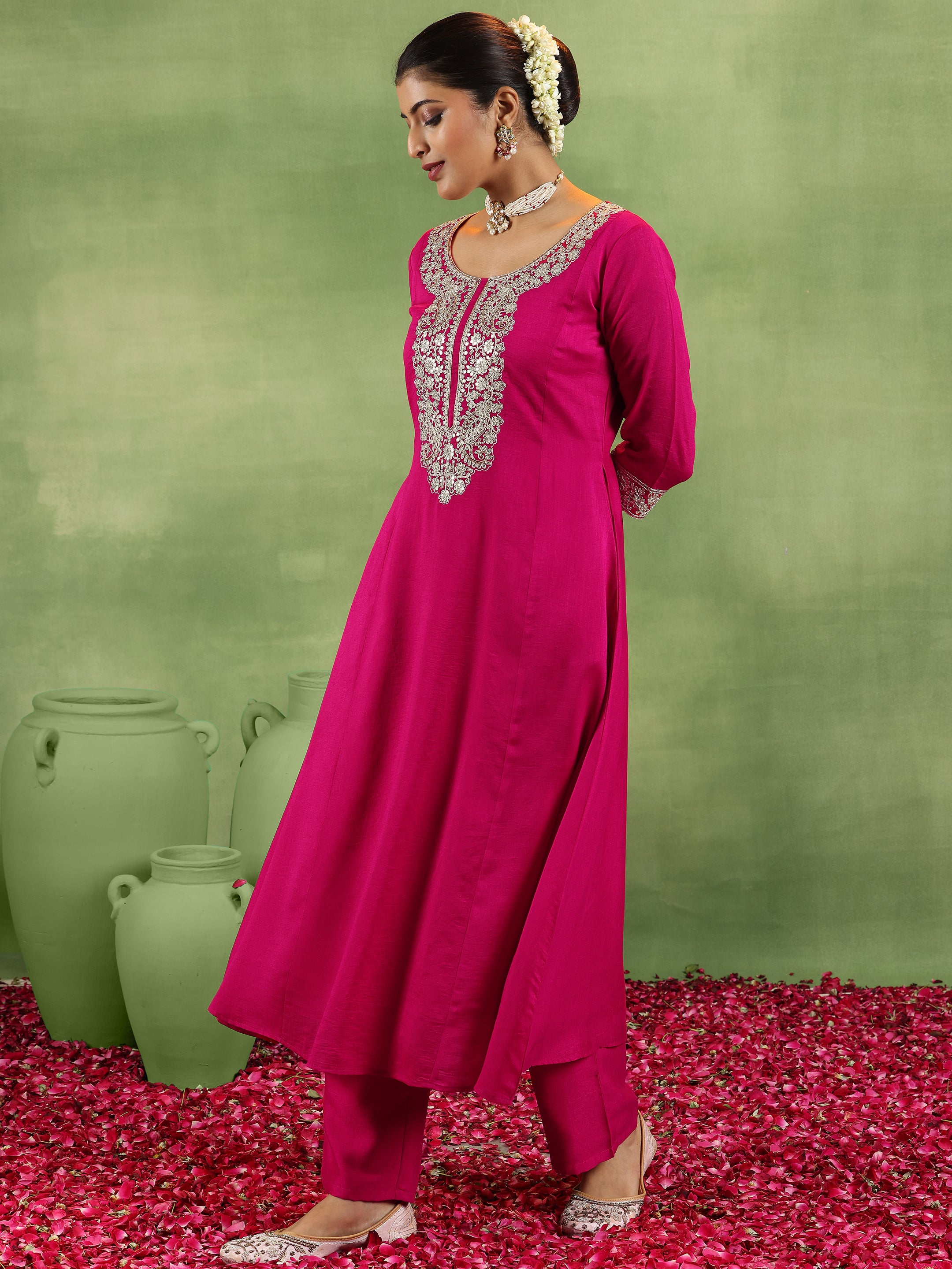 Pink Yoke Design Silk Blend A-Line Kurta With Trousers & Dupatta