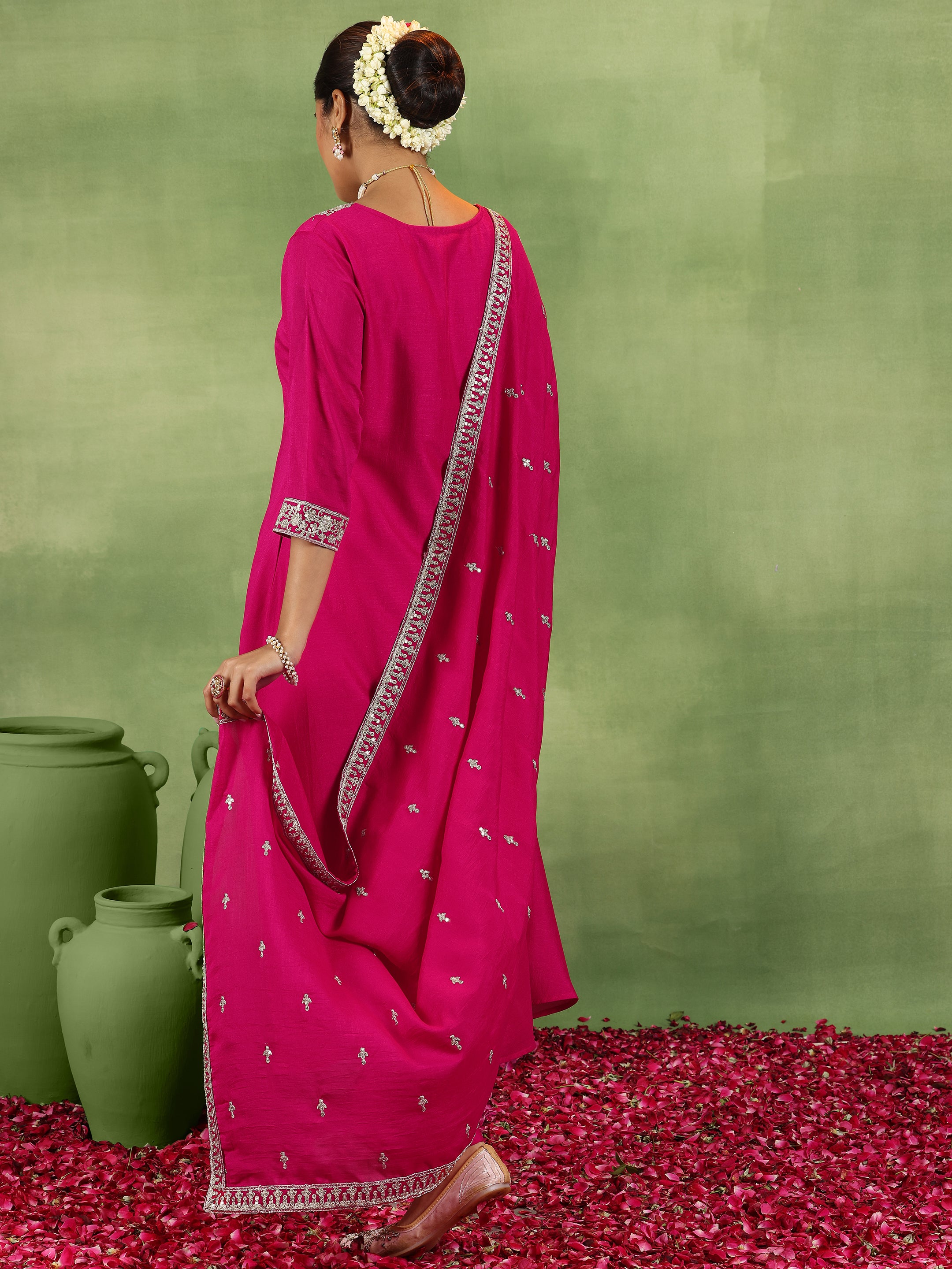 Pink Yoke Design Silk Blend A-Line Kurta With Trousers & Dupatta