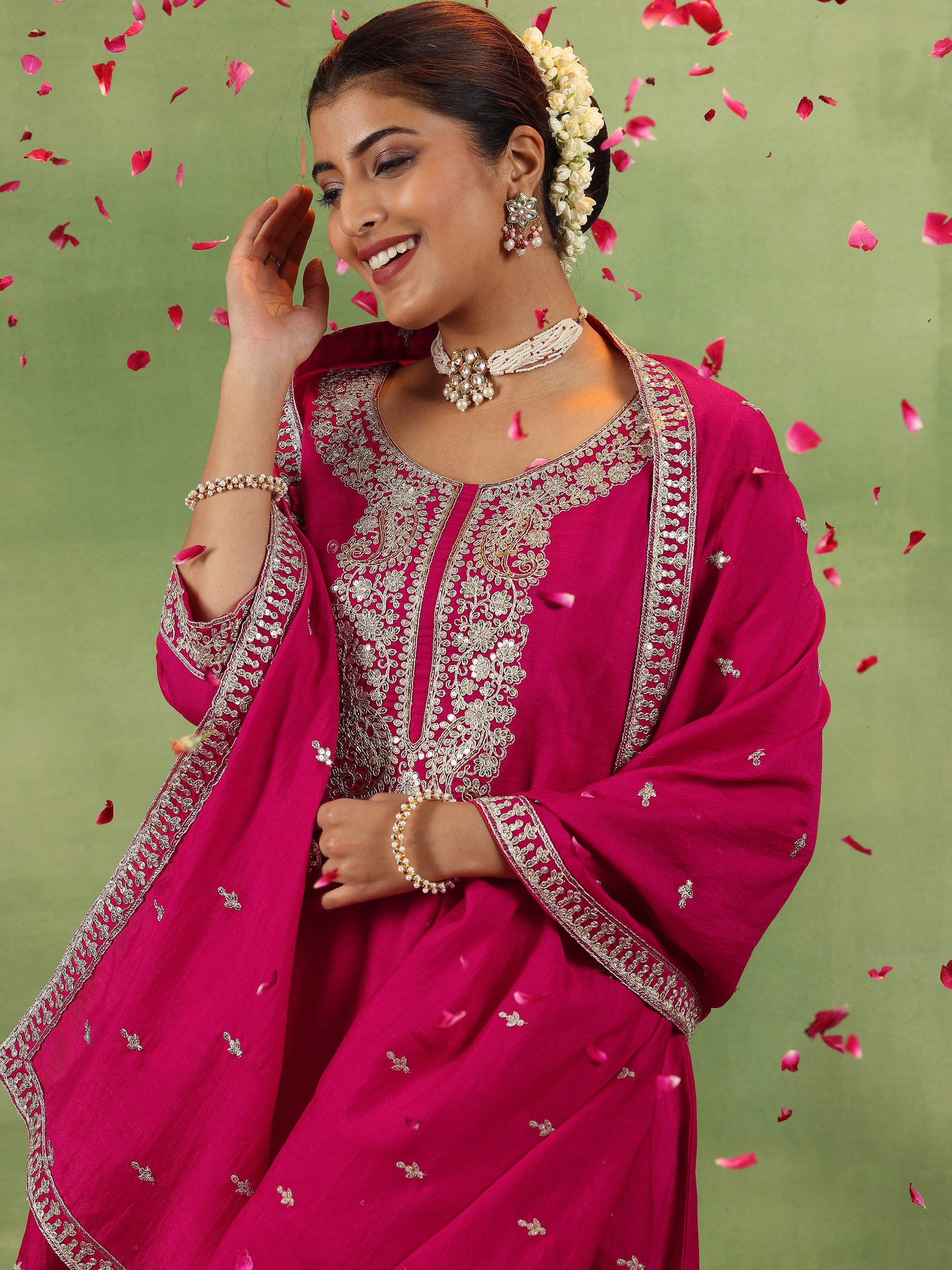 Pink Yoke Design Silk Blend A-Line Kurta With Trousers & Dupatta