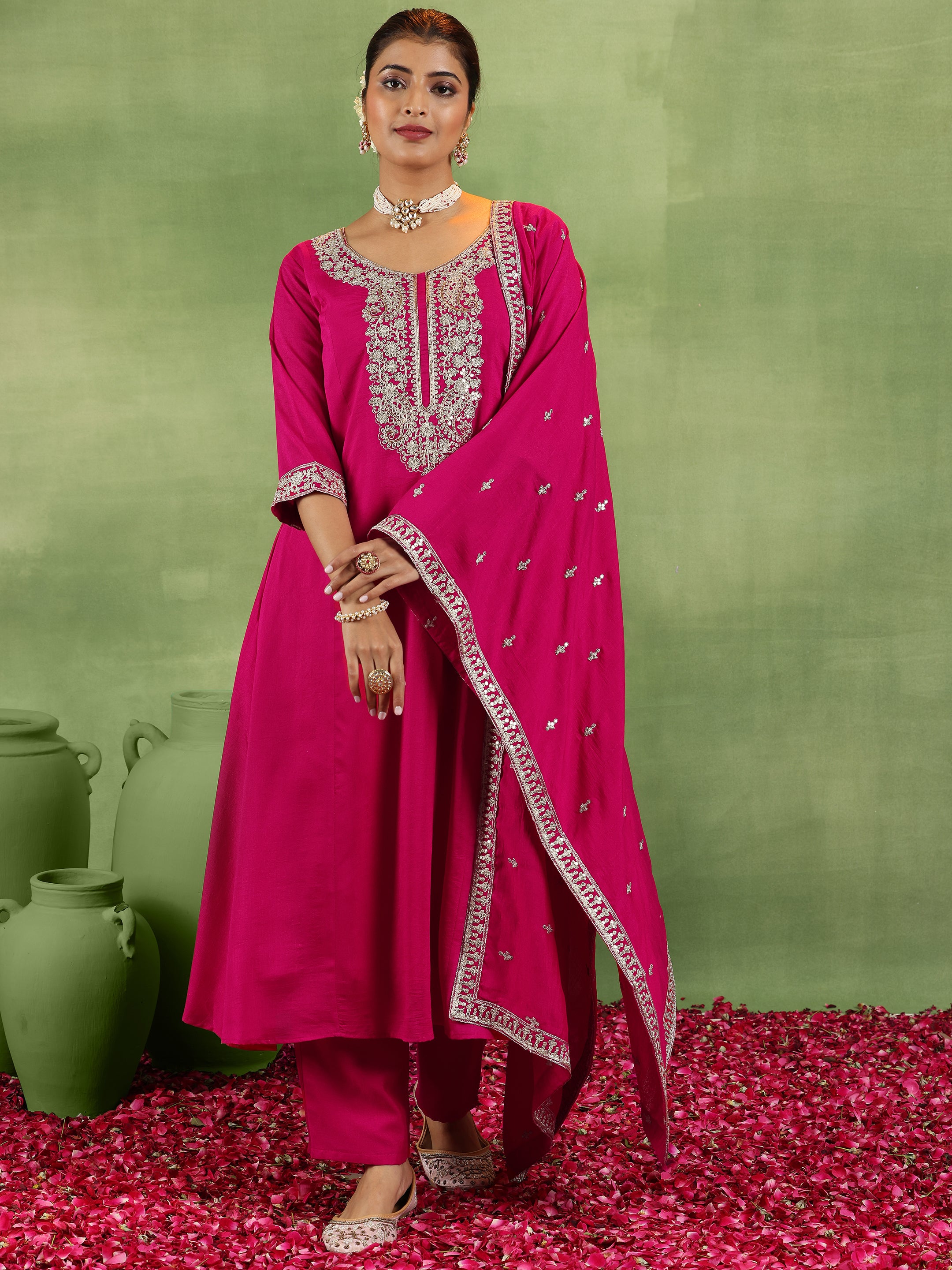 Pink Yoke Design Silk Blend A-Line Kurta With Trousers & Dupatta