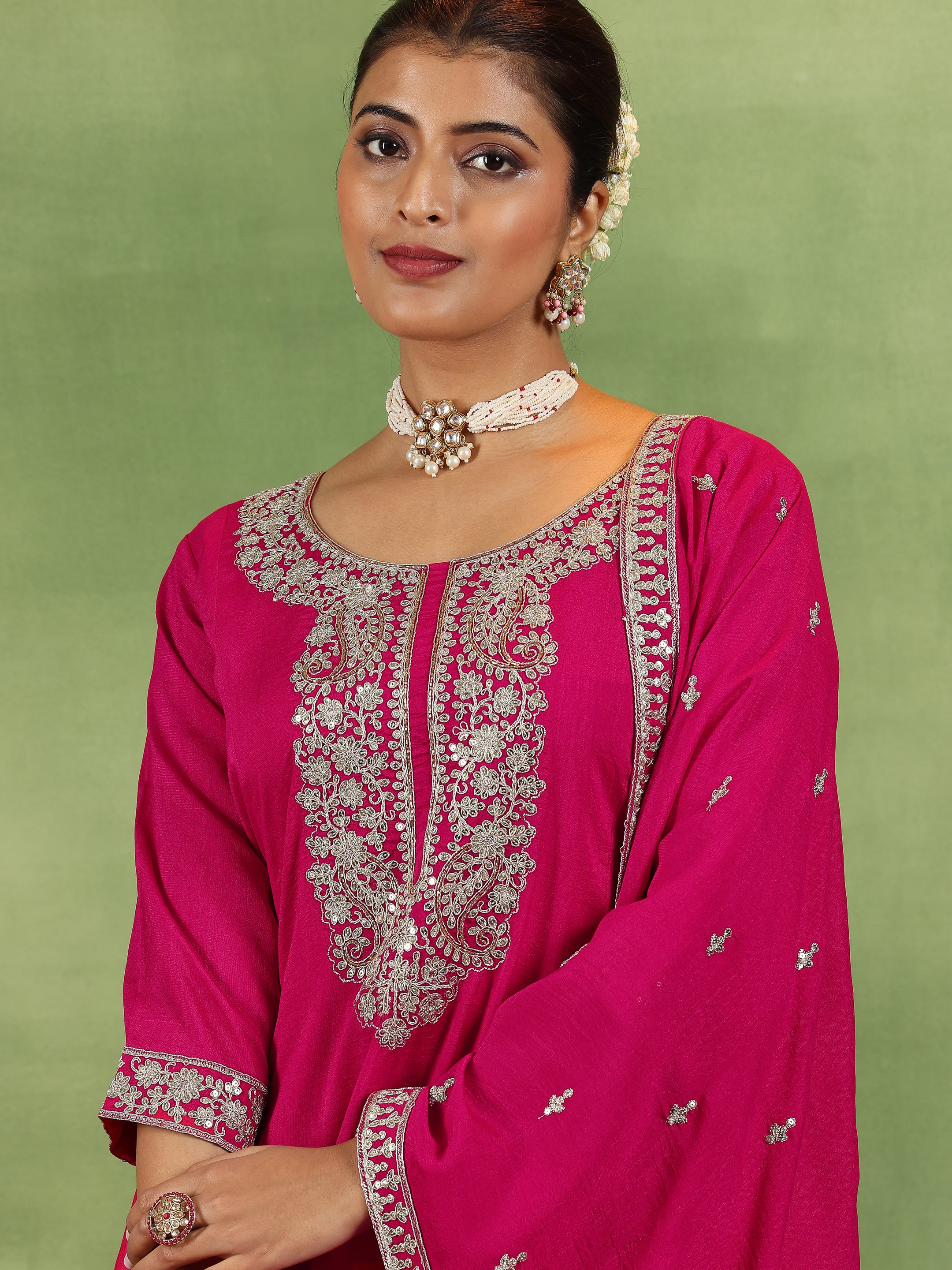 Pink Yoke Design Silk Blend A-Line Kurta With Trousers & Dupatta