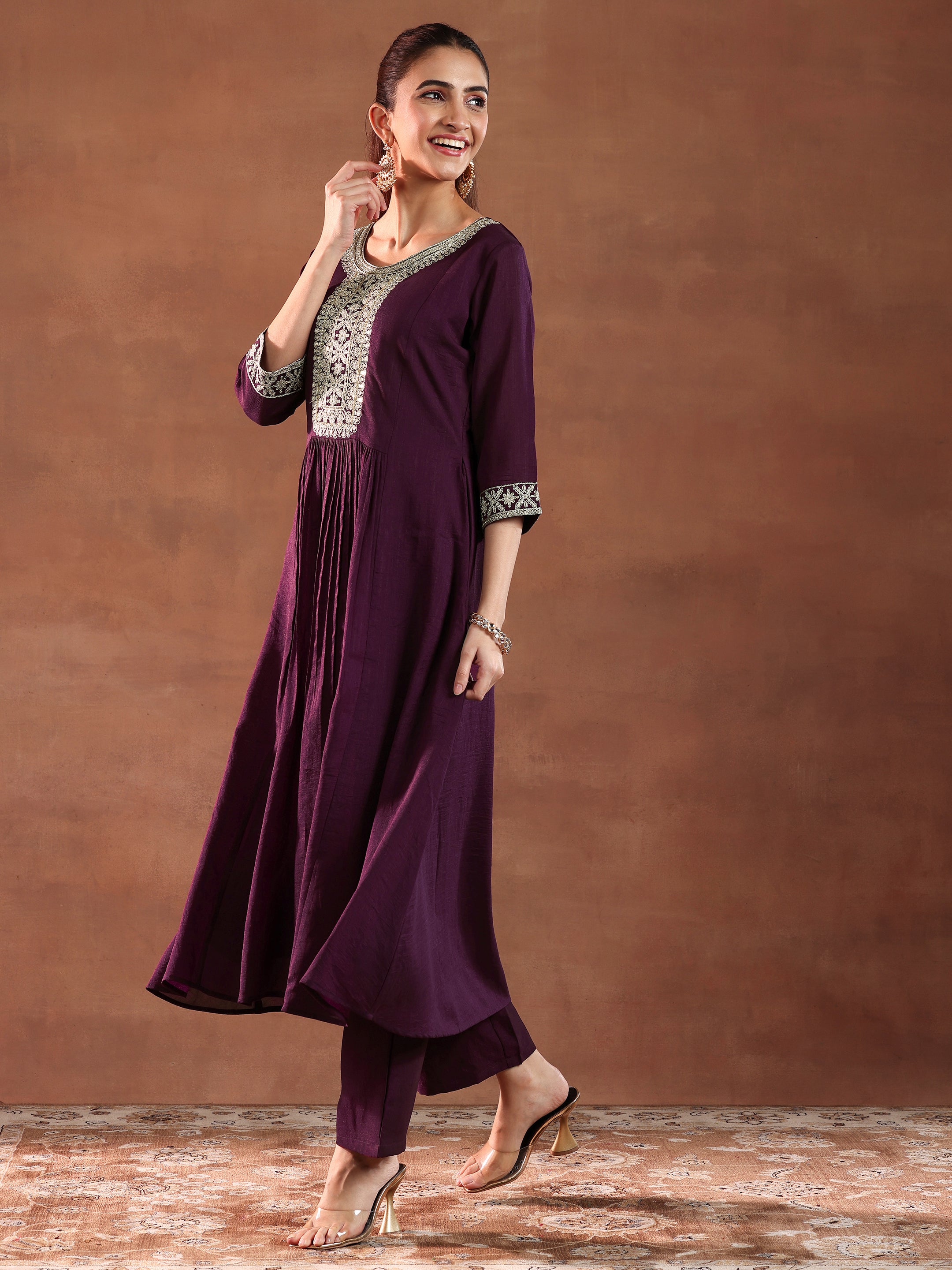 Wine Yoke Design Silk Blend A-Line Kurta With Trousers & Dupatta