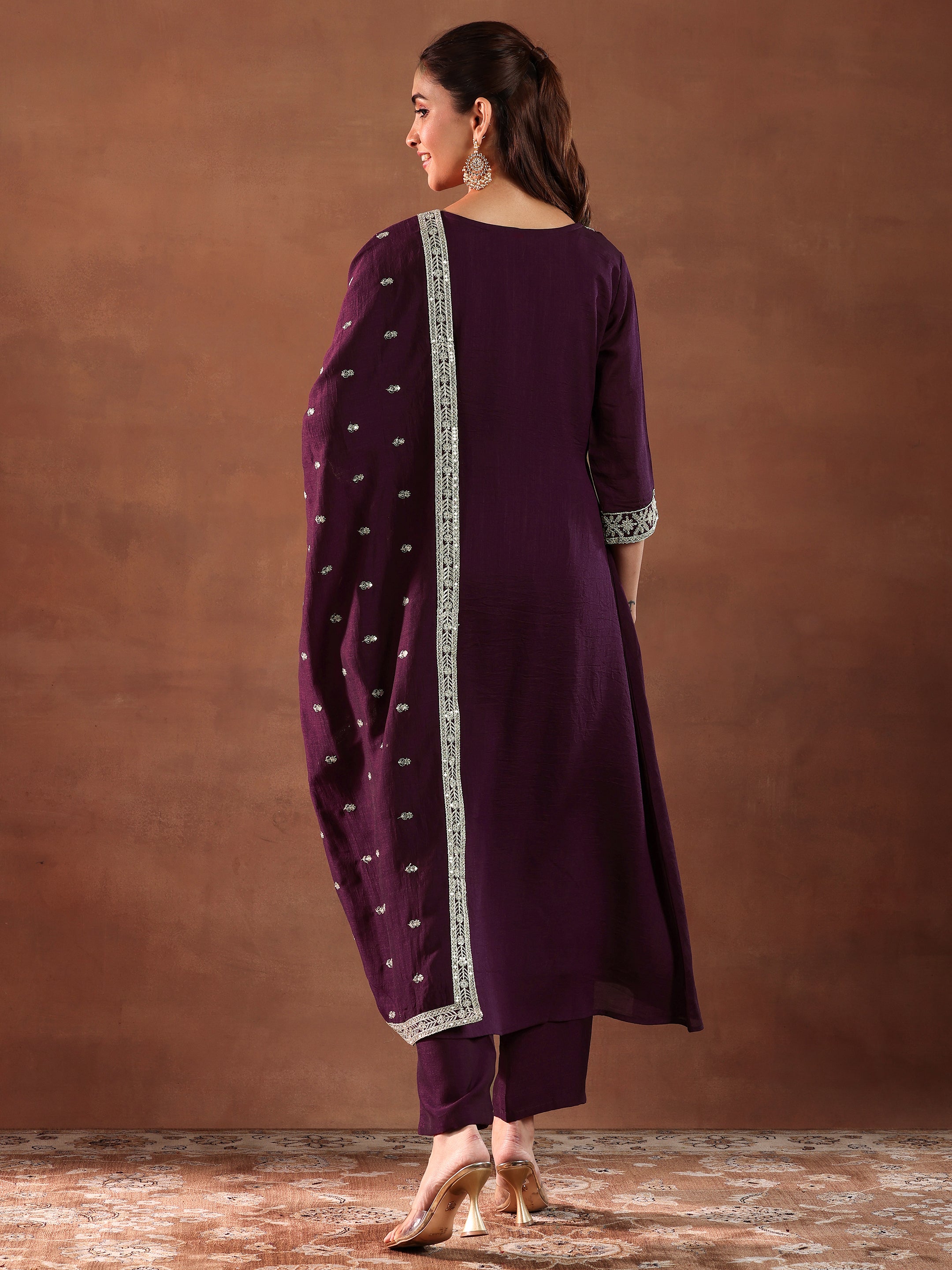 Wine Yoke Design Silk Blend A-Line Kurta With Trousers & Dupatta