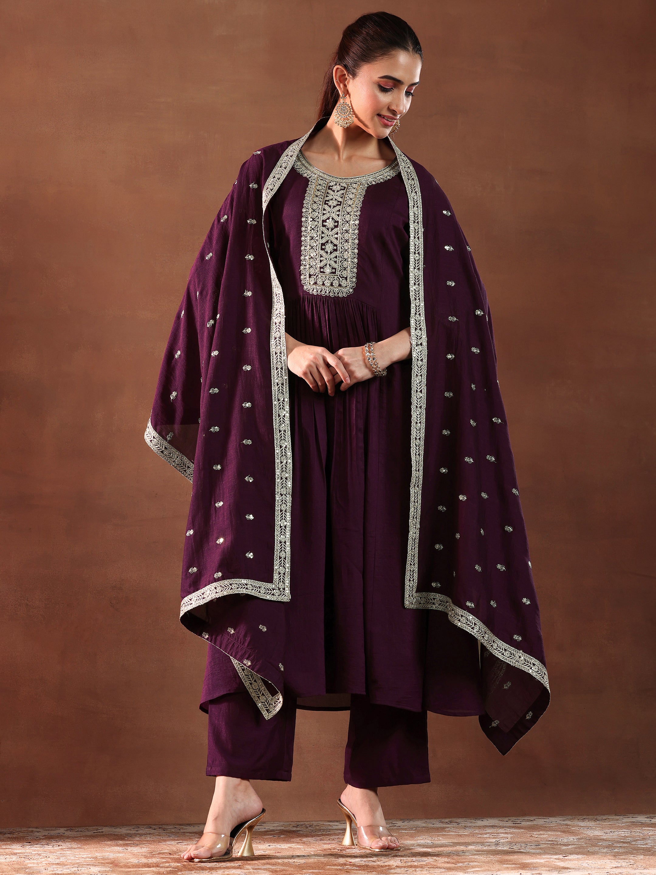 Wine Yoke Design Silk Blend A-Line Kurta With Trousers & Dupatta